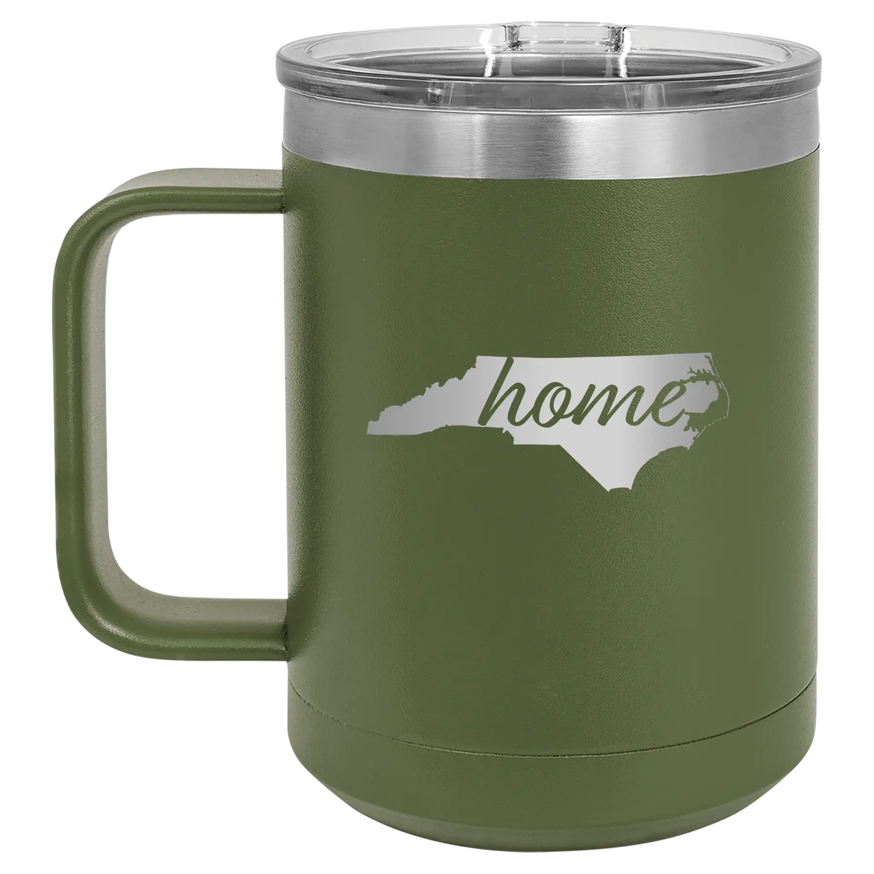 Laser etched olive green 15 oz vacuum insulated coffee mug with 'North Carolina Home' design