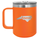 Laser etched orange 15 oz vacuum insulated coffee mug with 'North Carolina Home' design