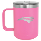 Laser etched pink 15 oz vacuum insulated coffee mug with 'North Carolina Home' design