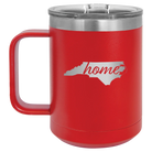 Laser etched red 15 oz vacuum insulated coffee mug with 'North Carolina Home' design