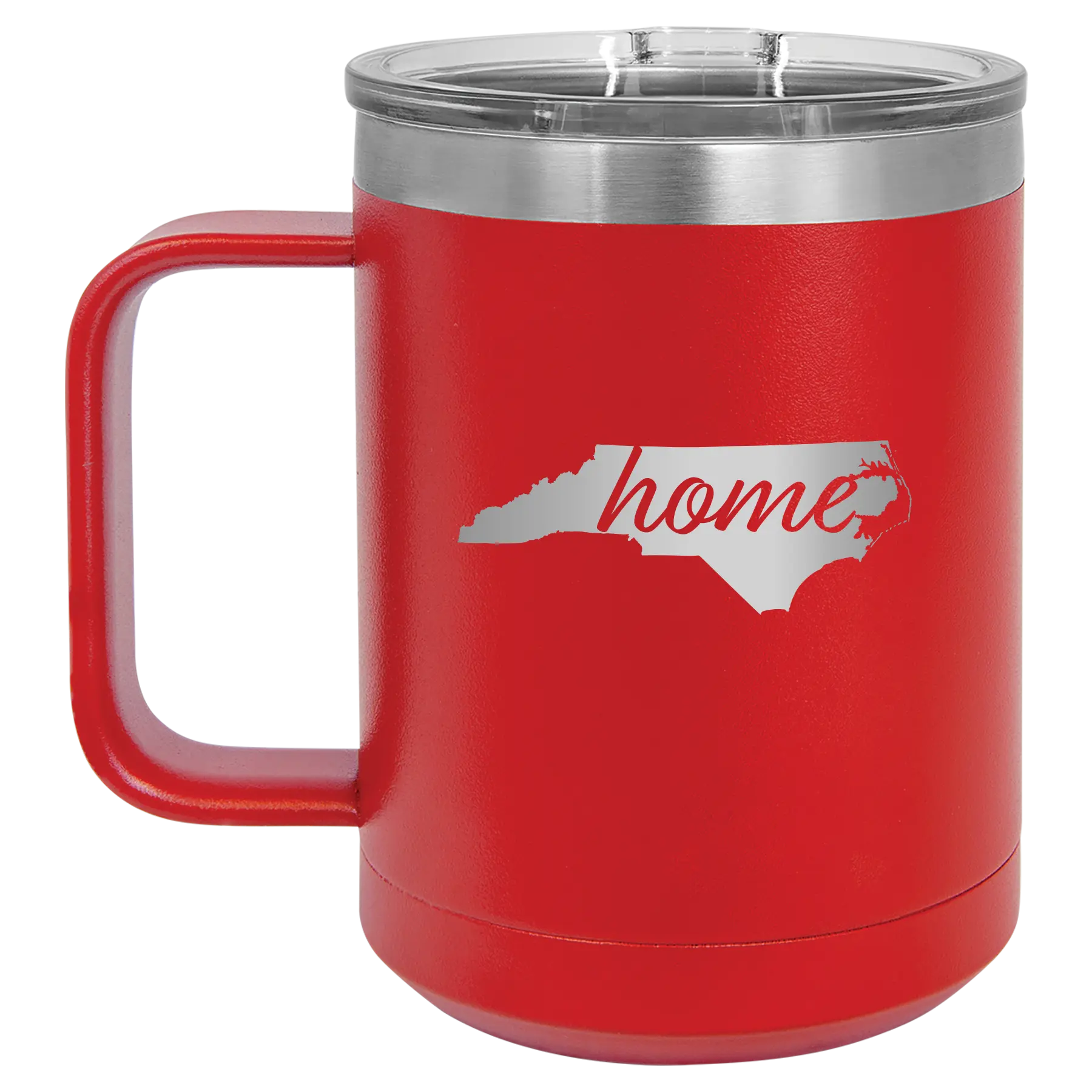 Laser etched red 15 oz vacuum insulated coffee mug with 'North Carolina Home' design