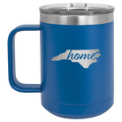 Laser etched royal blue 15 oz vacuum insulated coffee mug with 'North Carolina Home' design