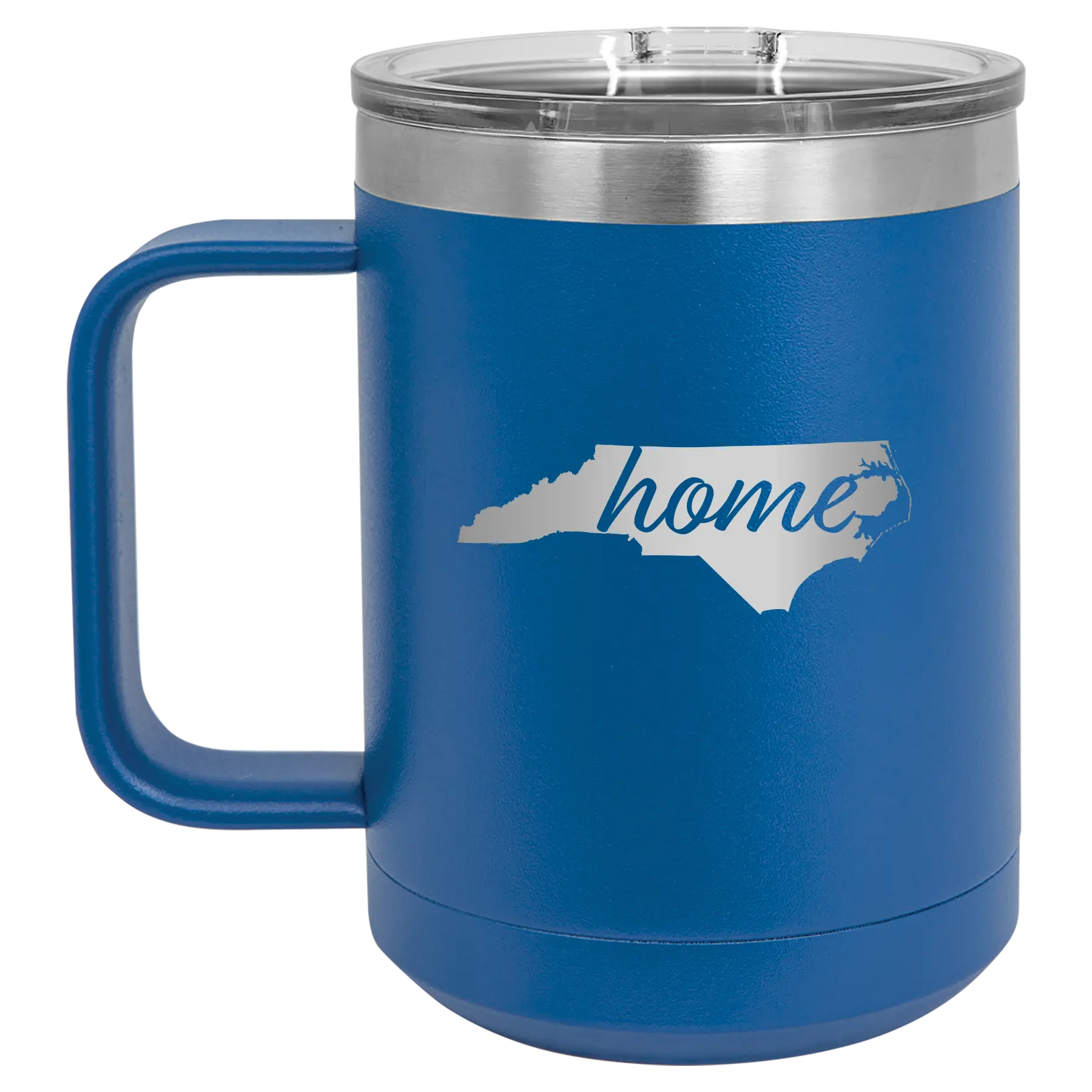Laser etched royal blue 15 oz vacuum insulated coffee mug with 'North Carolina Home' design
