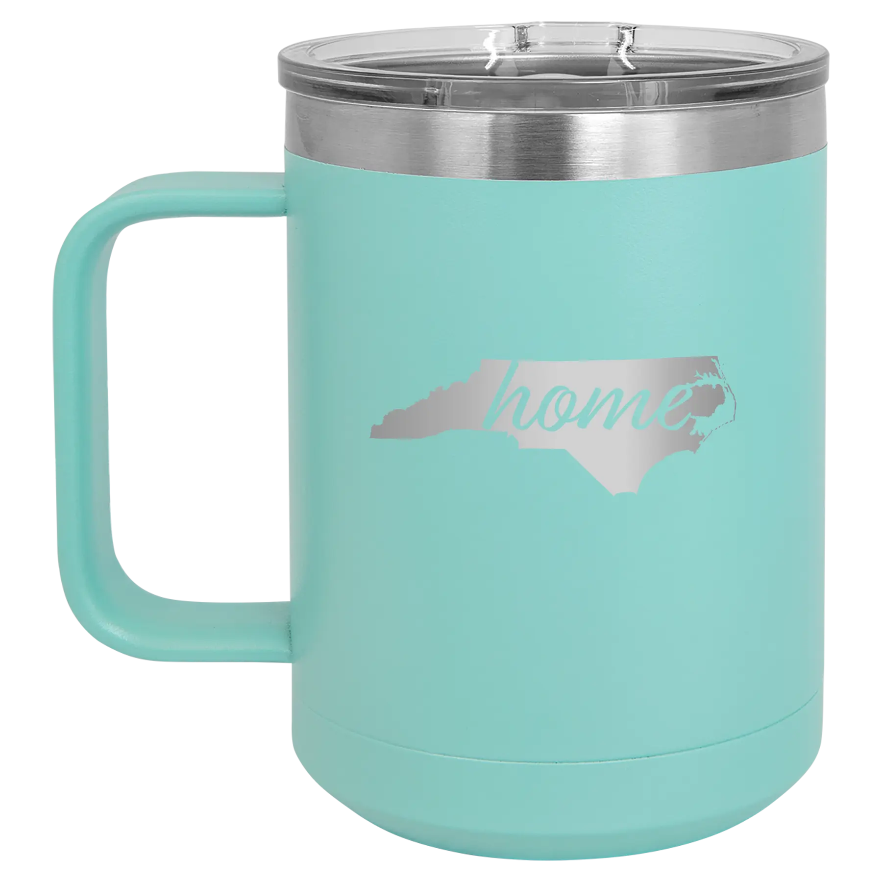 Laser etched teal 15 oz vacuum insulated coffee mug with 'North Carolina Home' design