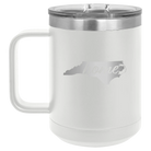 Laser etched white 15 oz vacuum insulated coffee mug with 'North Carolina Home' design