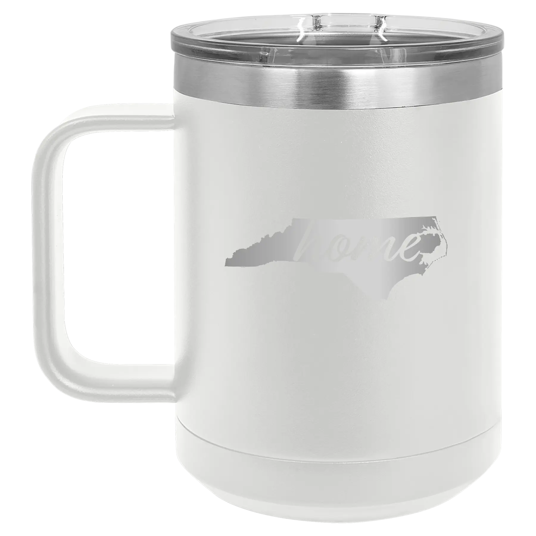 Laser etched white 15 oz vacuum insulated coffee mug with 'North Carolina Home' design