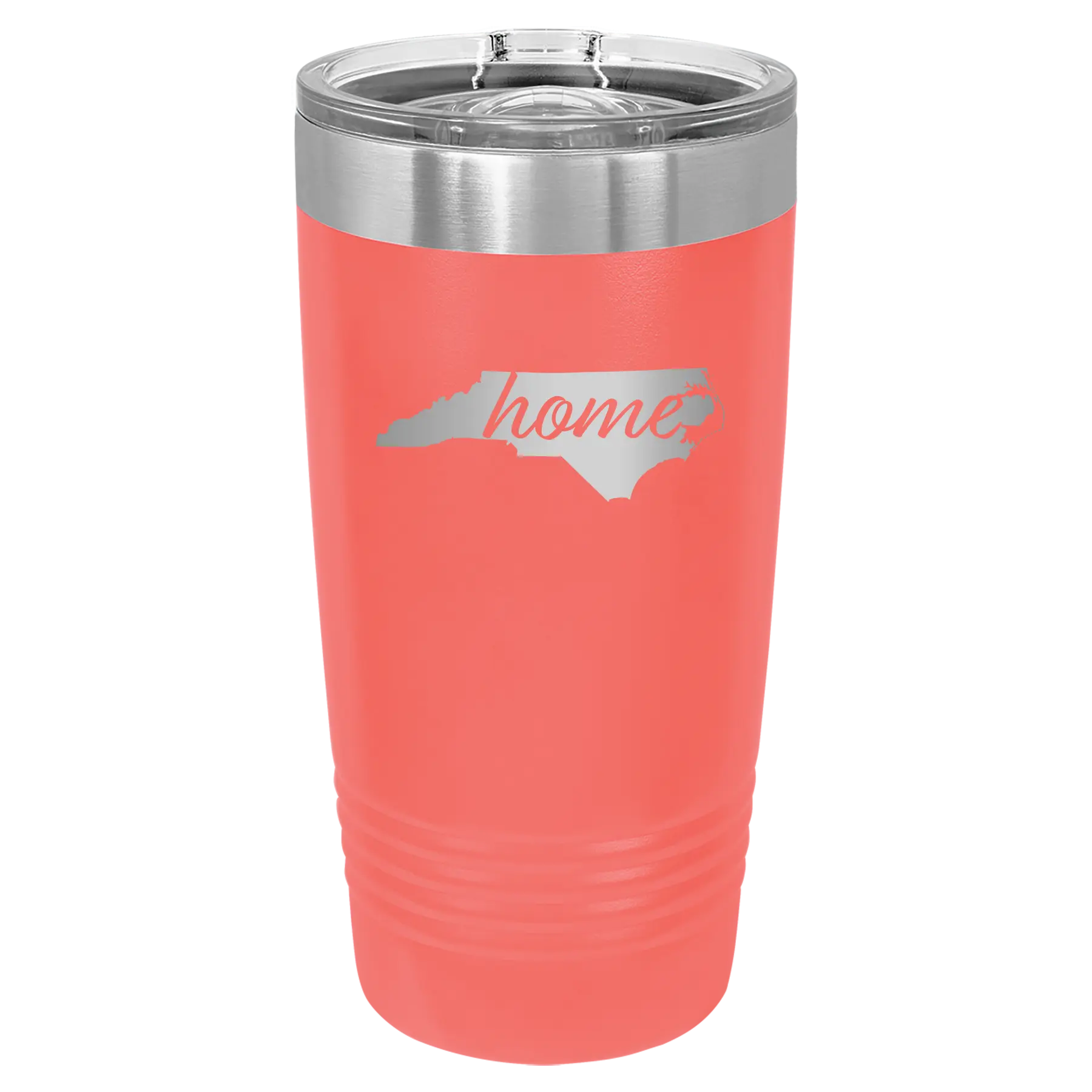 Laser etched coral 20 oz vacuum insulated tumbler with 'North Carolina Home' design