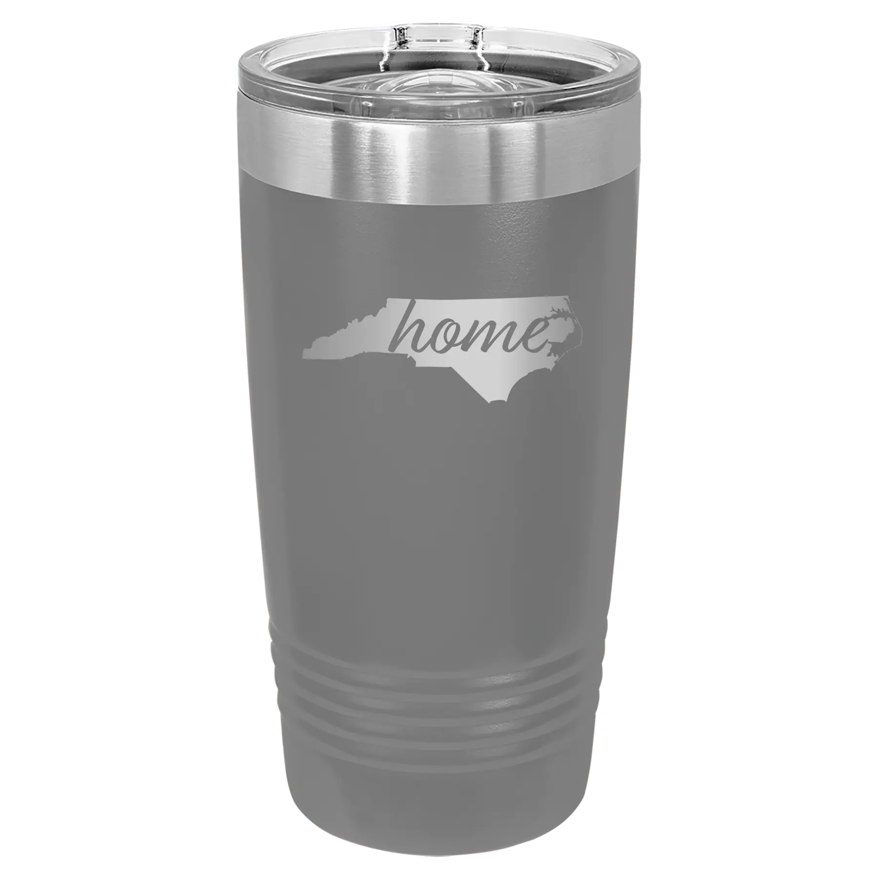 Laser etched dark gray 20 oz vacuum insulated tumbler with 'North Carolina Home' design