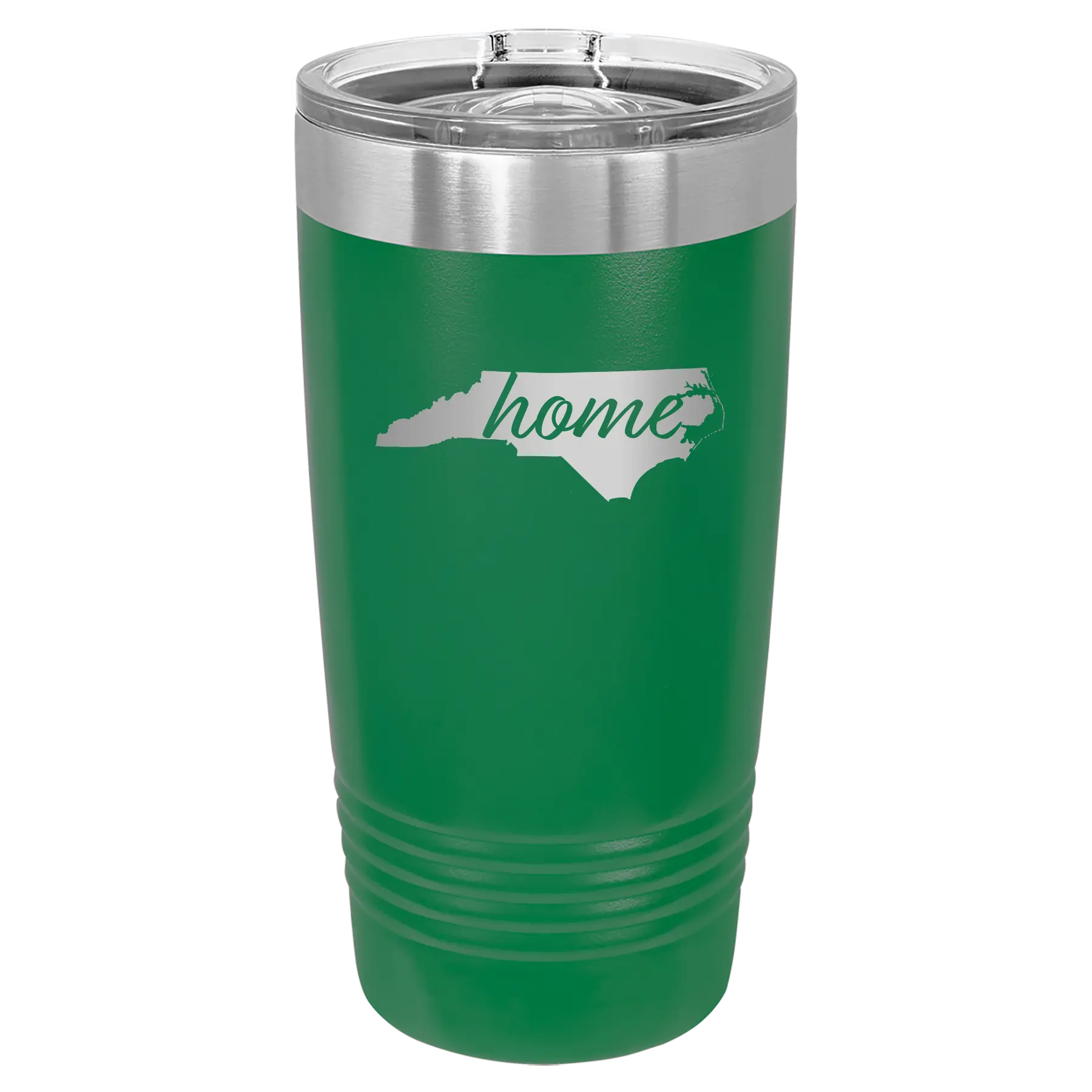 Laser etched green 20 oz vacuum insulated tumbler with 'North Carolina Home' design