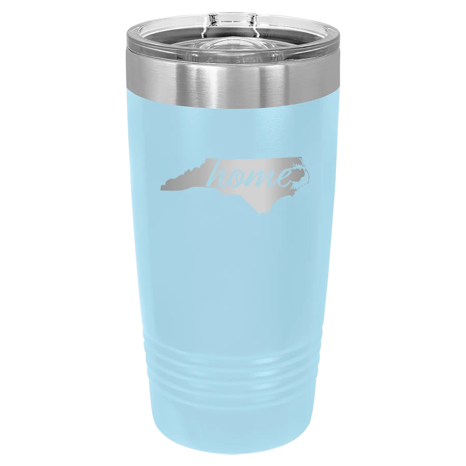 Laser etched light blue 20 oz vacuum insulated tumbler with 'North Carolina Home' design