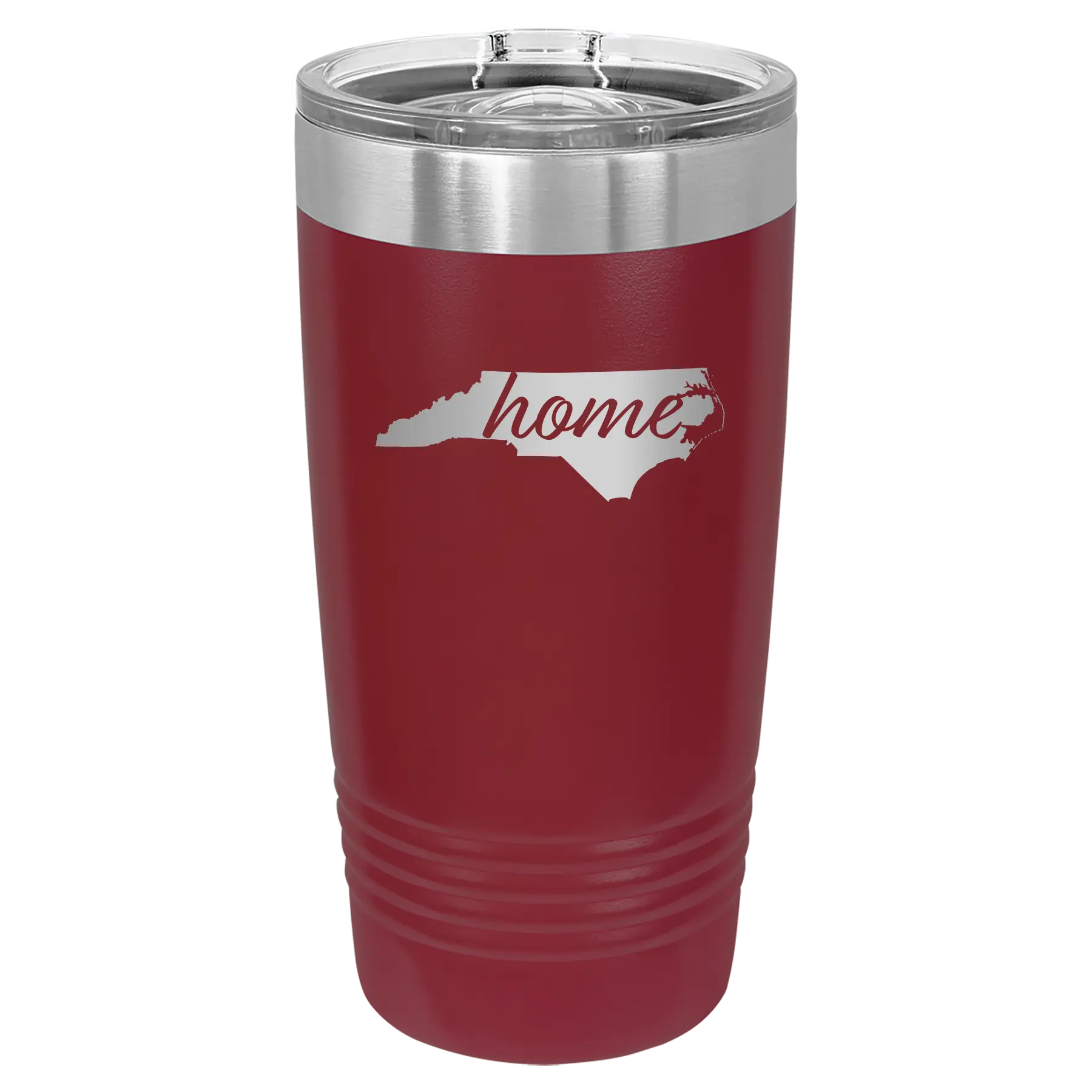 Laser etched maroon 20 oz vacuum insulated tumbler with 'North Carolina Home' design