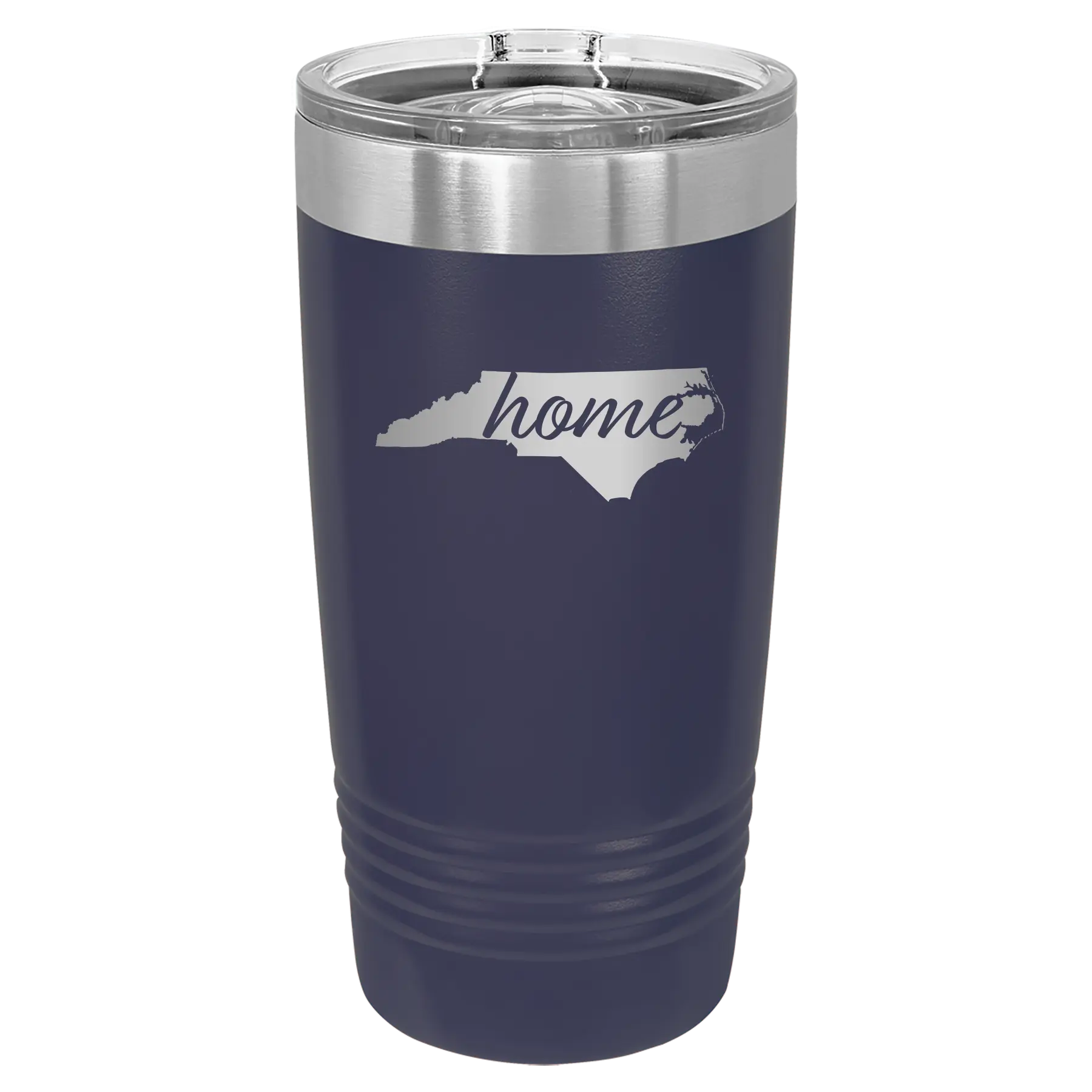 Laser etched navy 20 oz vacuum insulated tumbler with 'North Carolina Home' design