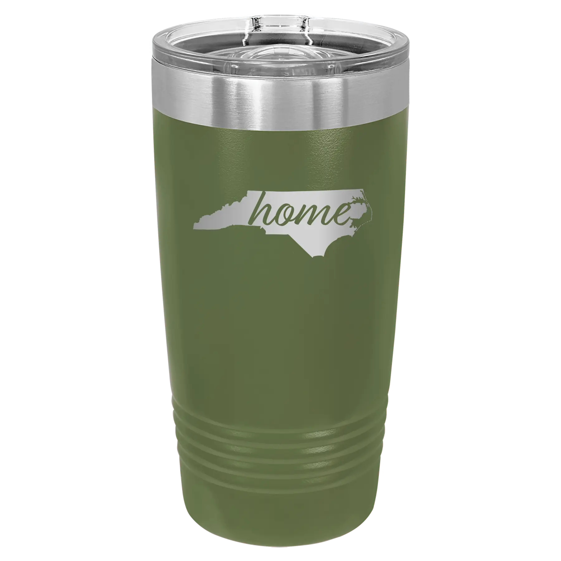 Laser etched olive green 20 oz vacuum insulated tumbler with 'North Carolina Home' design