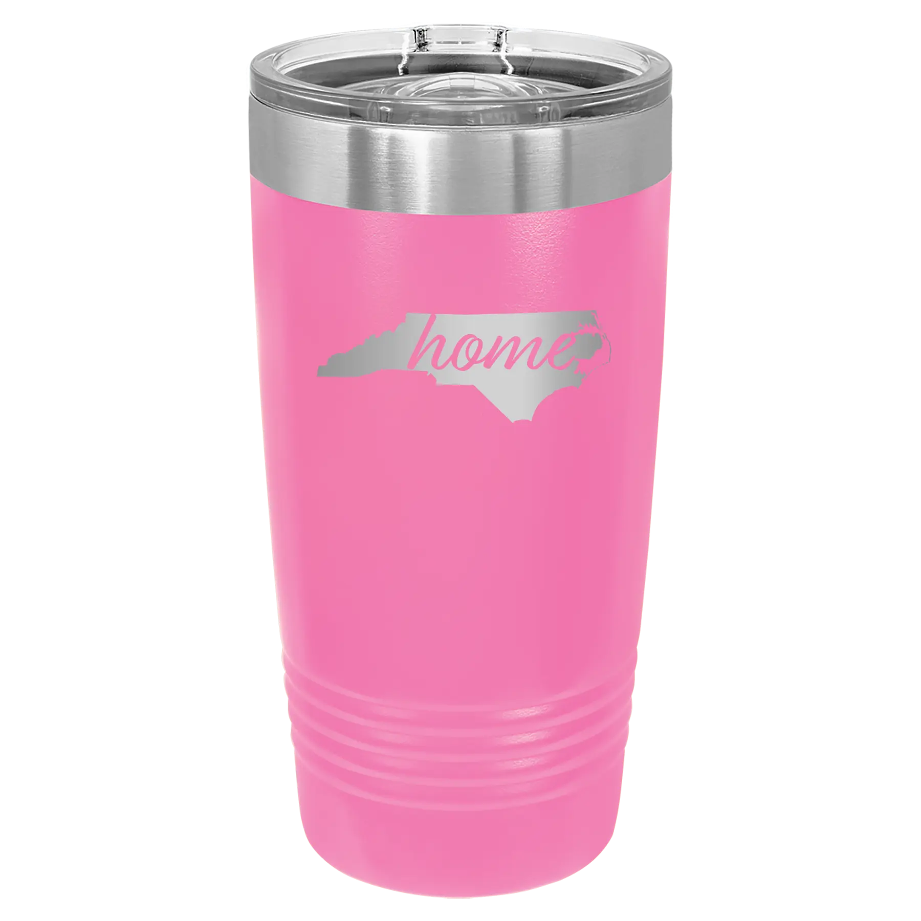 Laser etched pink 20 oz vacuum insulated tumbler with 'North Carolina Home' design