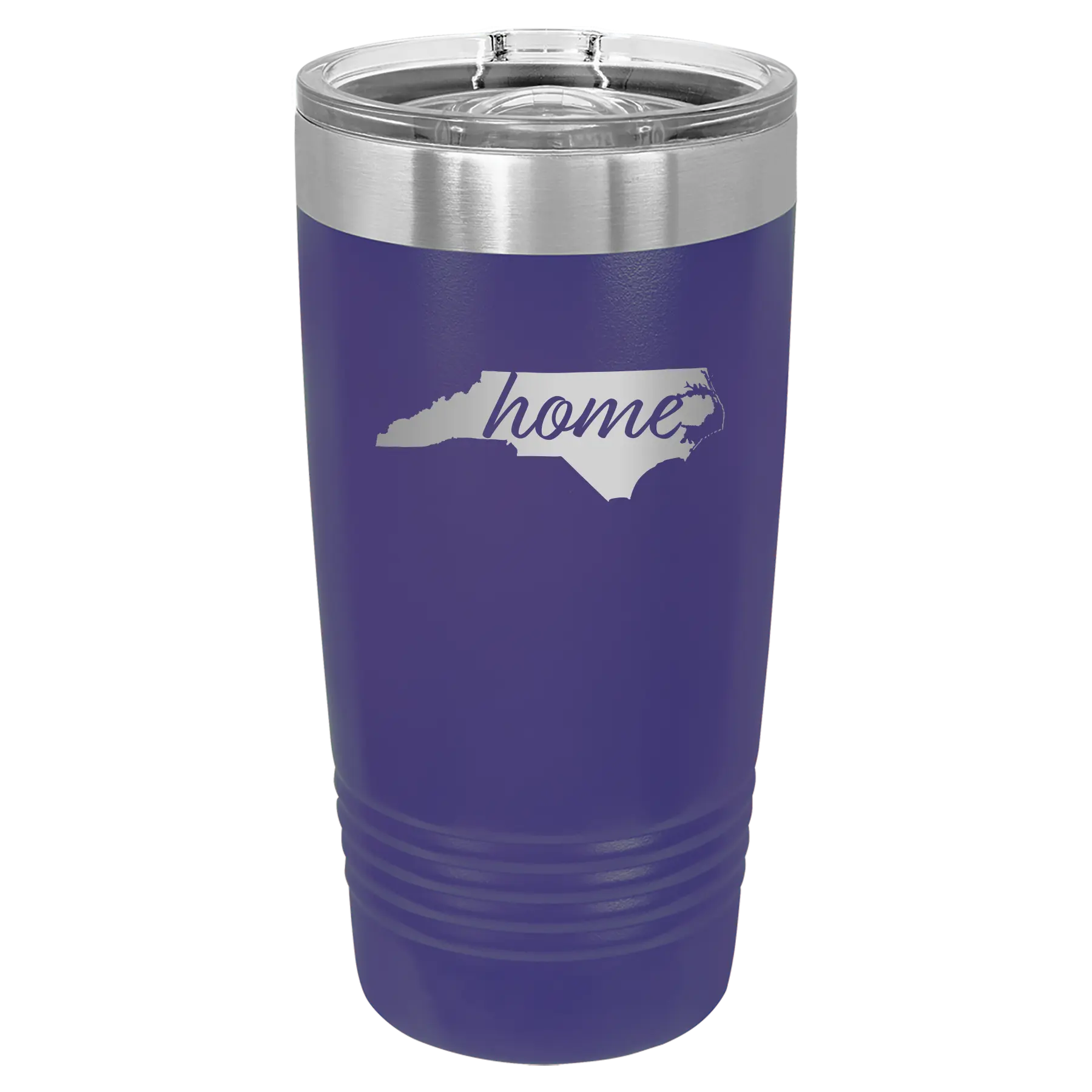 Laser etched purple 20 oz vacuum insulated tumbler with 'North Carolina Home' design
