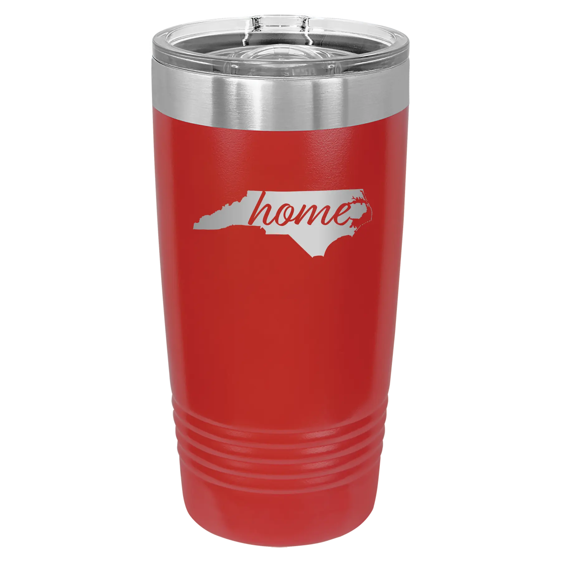 Laser etched red 20 oz vacuum insulated tumbler with 'North Carolina Home' design
