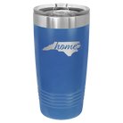 Laser etched royal blue 20 oz vacuum insulated tumbler with 'North Carolina Home' design