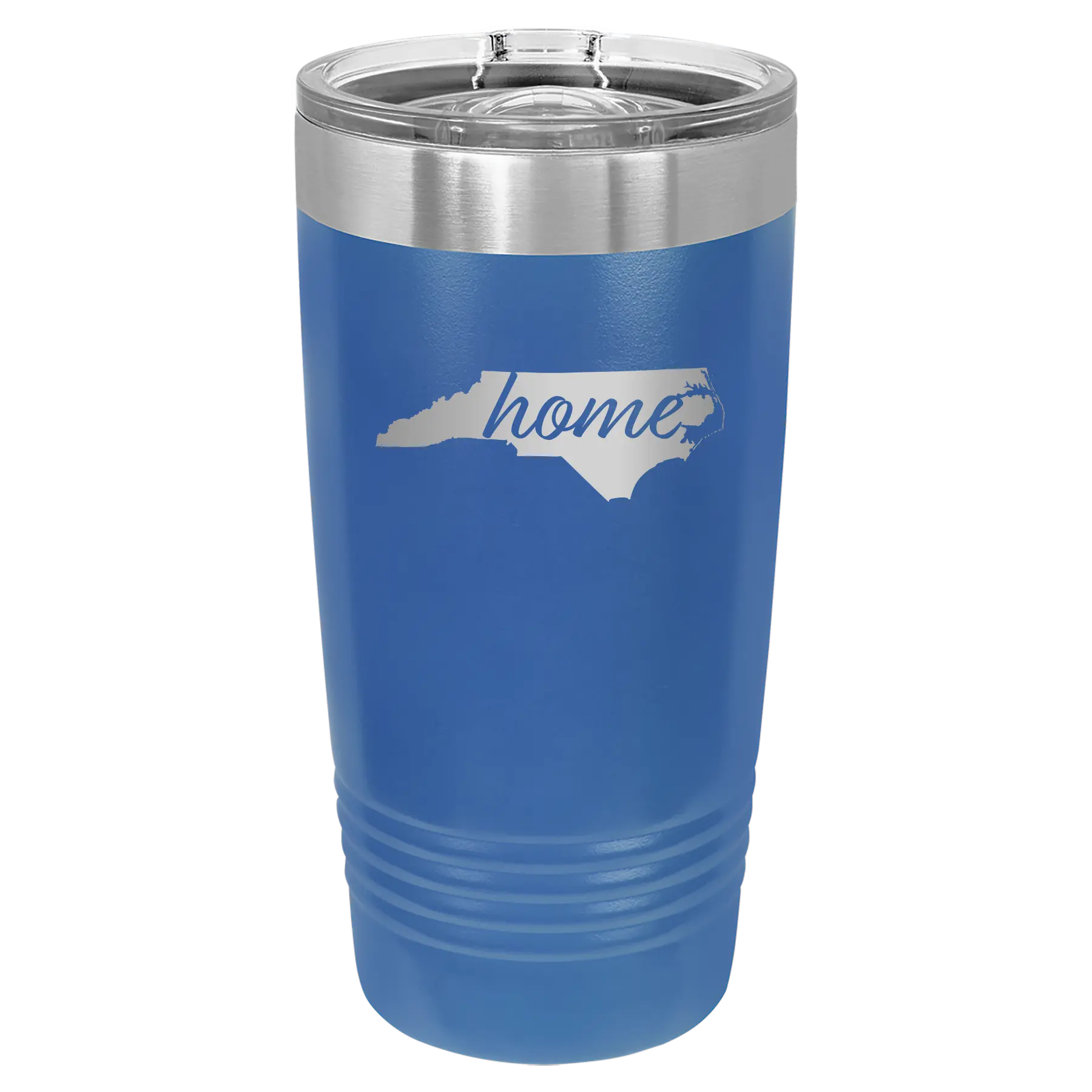 Laser etched royal blue 20 oz vacuum insulated tumbler with 'North Carolina Home' design