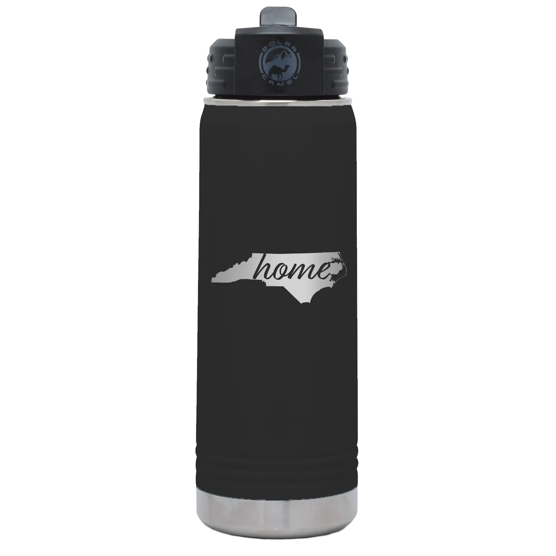 Laser etched black 20 oz vacuum insulated water bottle with 'North Carolina Home' design