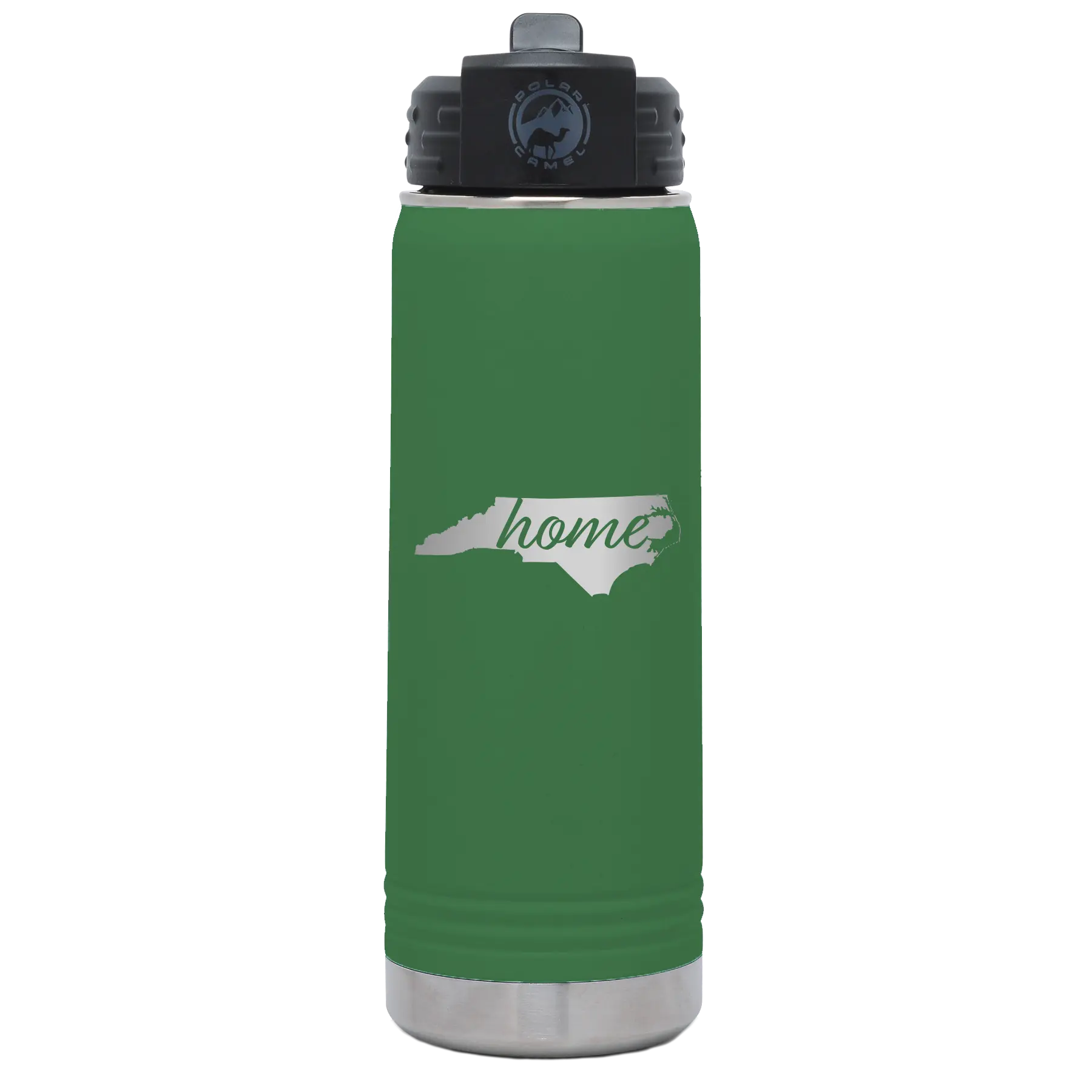 Laser etched green 20 oz vacuum insulated water bottle with 'North Carolina Home' design