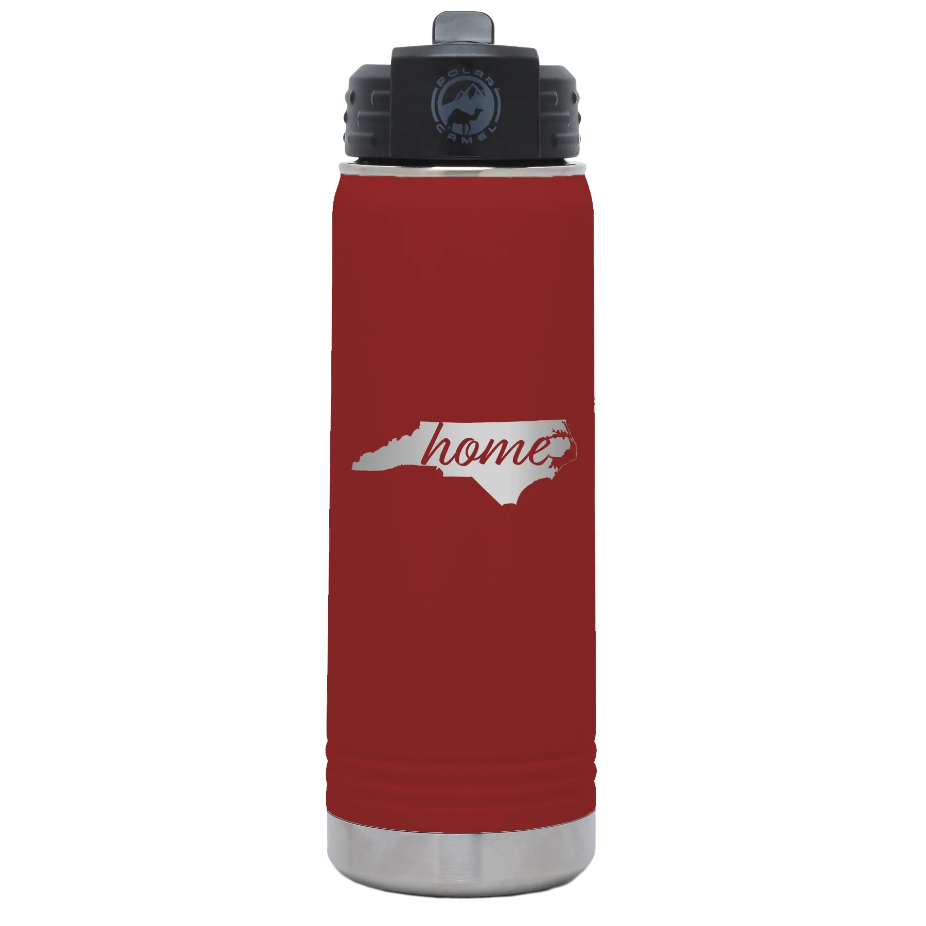 Laser etched maroon 20 oz vacuum insulated water bottle with 'North Carolina Home' design