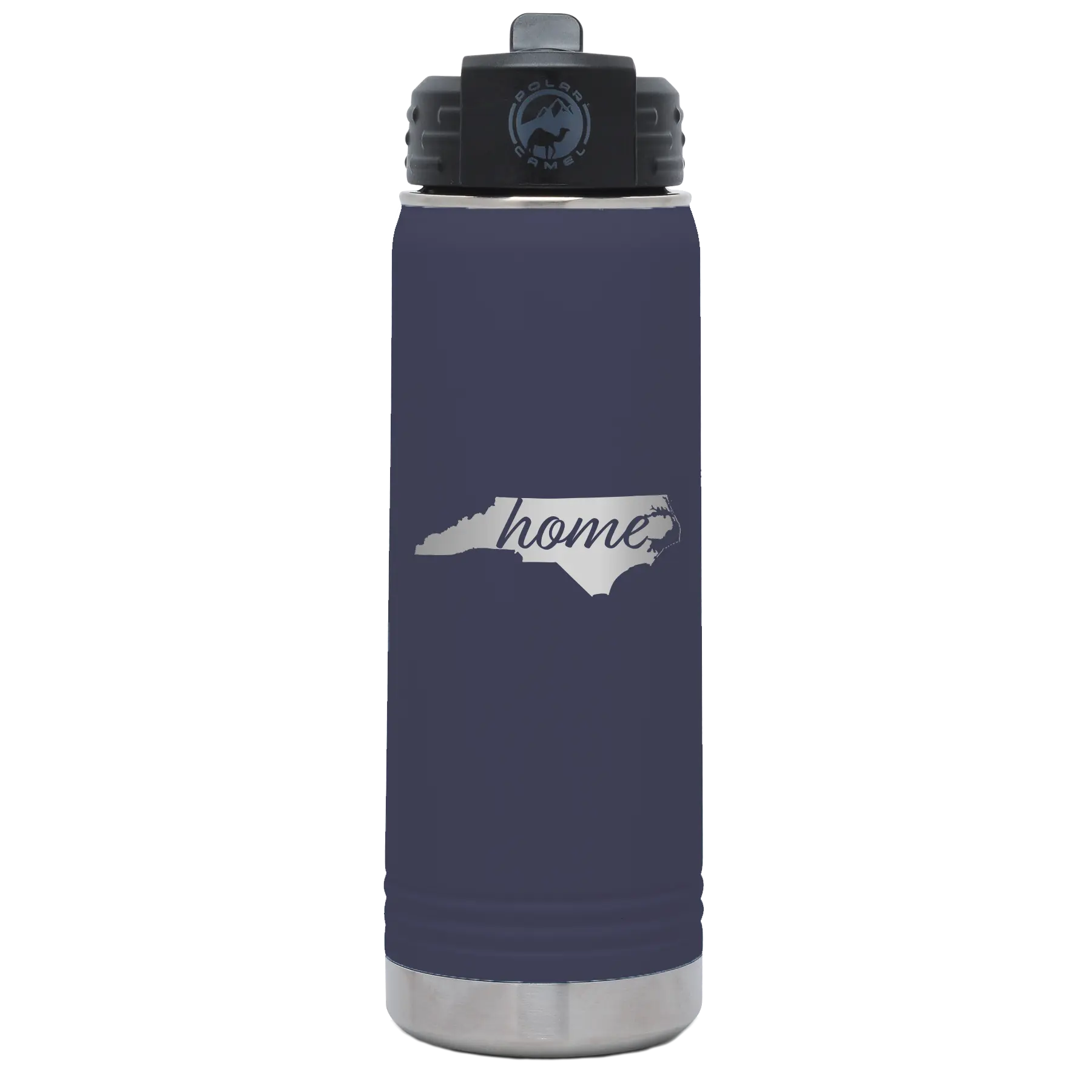 Laser etched navy 20 oz vacuum insulated water bottle with 'North Carolina Home' design