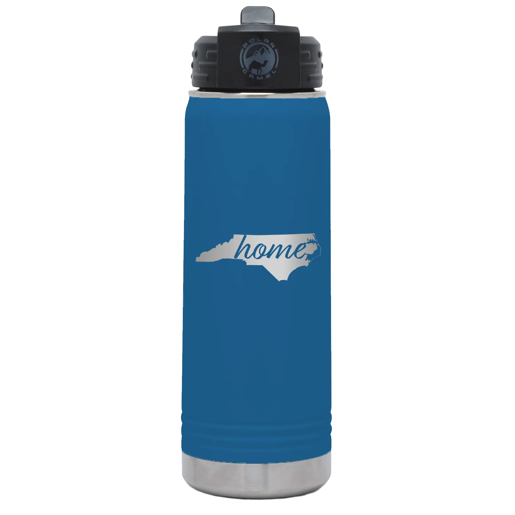 Laser etched royal blue 20 oz vacuum insulated water bottle with 'North Carolina Home' design