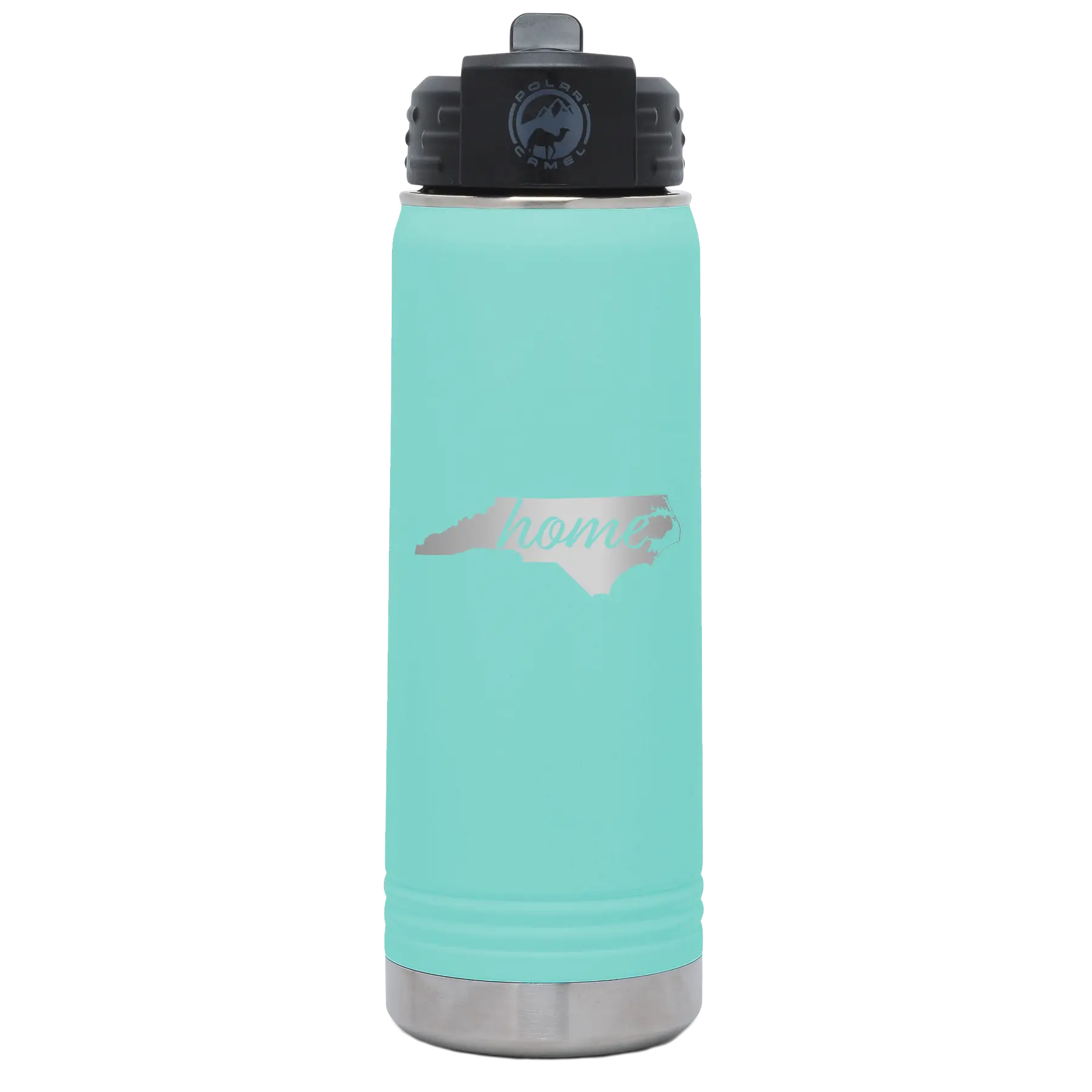 Laser etched teal 20 oz vacuum insulated water bottle with 'North Carolina Home' design
