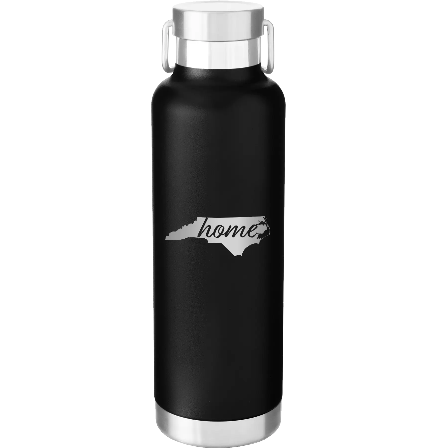 Laser etched black 24 oz vacuum insulated water bottle with 'North Carolina Home' design
