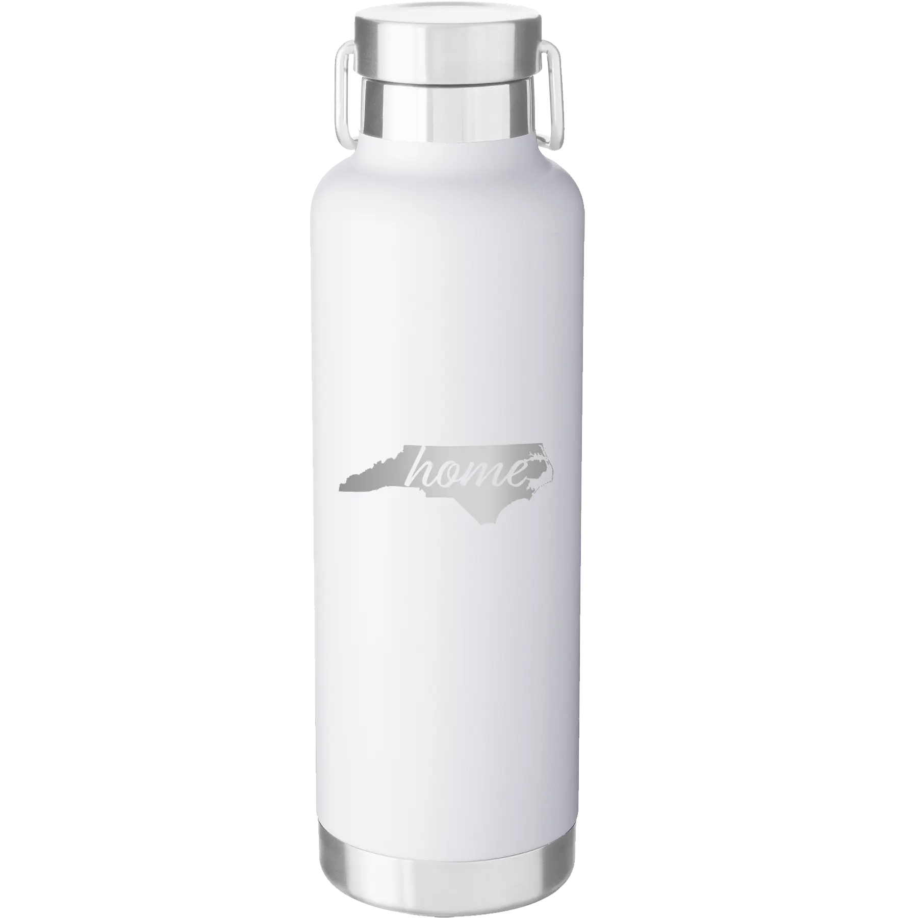 Laser etched white 24 oz vacuum insulated water bottle with 'North Carolina Home' design