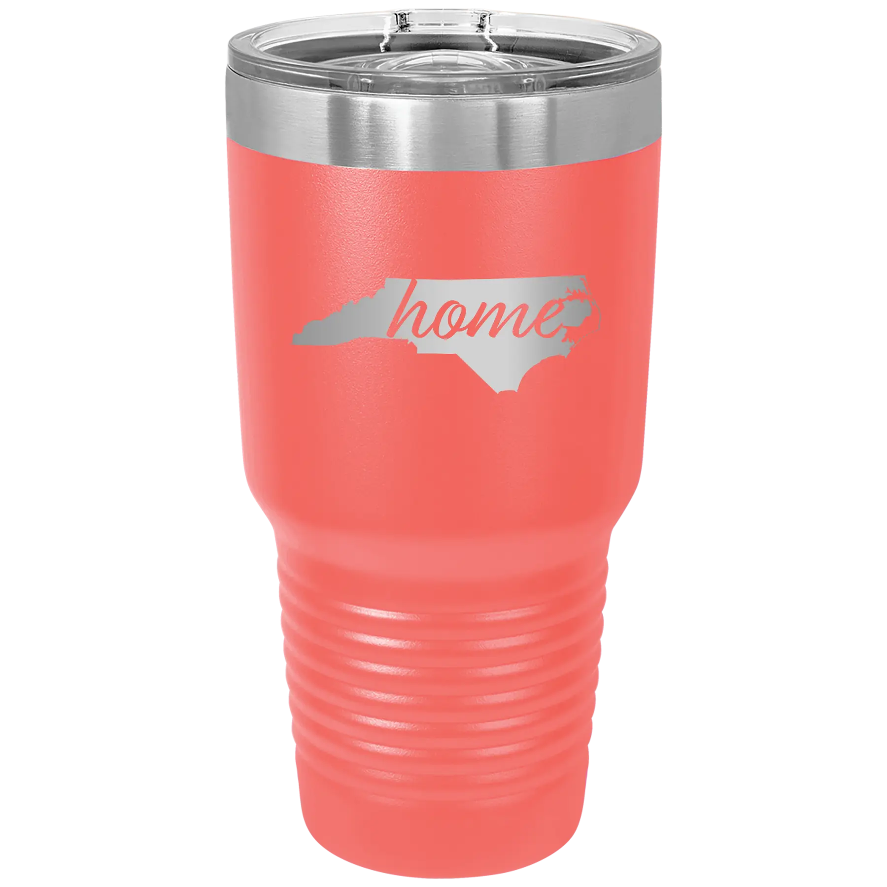 Laser etched coral 30 oz vacuum insulated tumbler with 'North Carolina Home' design