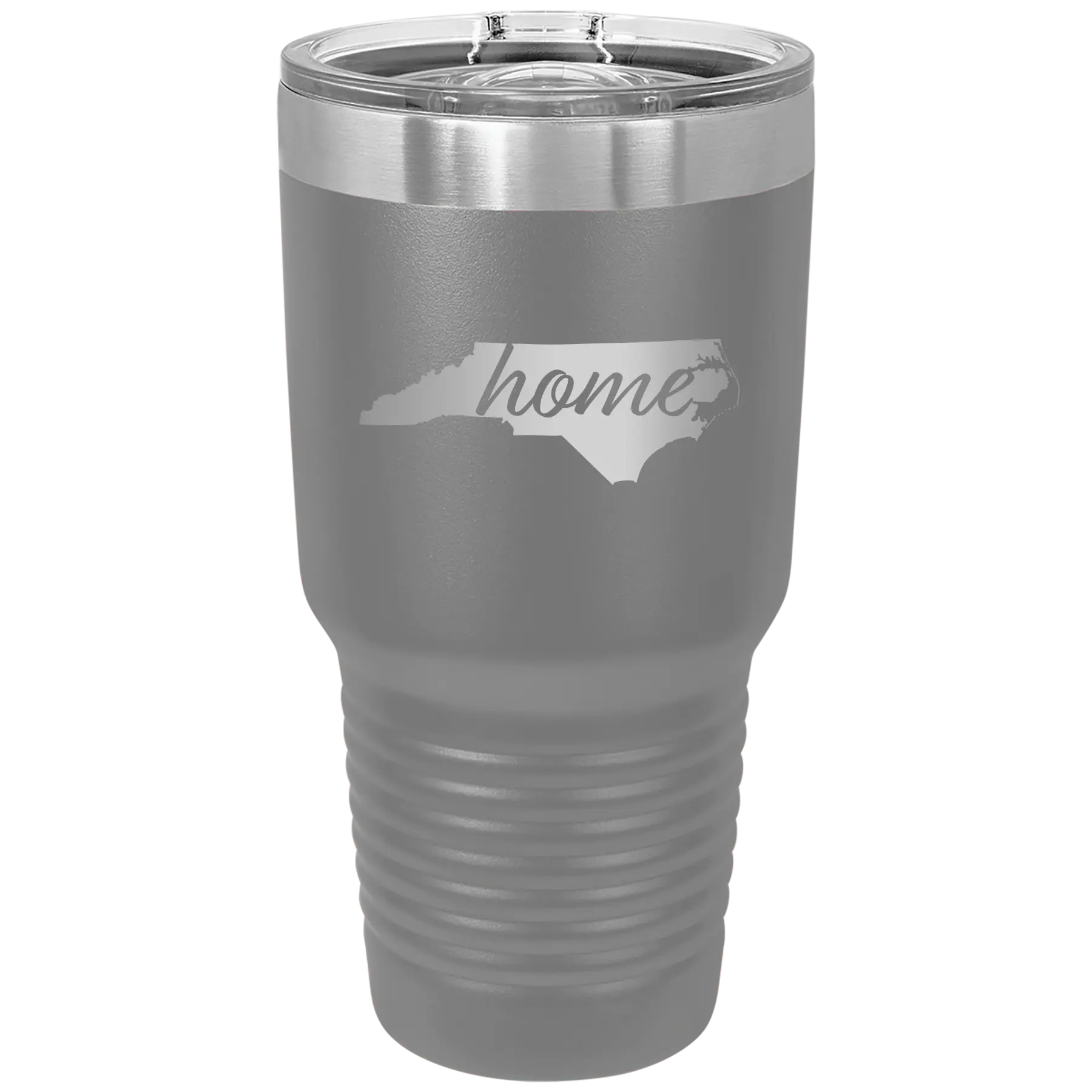 Laser etched dark gray 30 oz vacuum insulated tumbler with 'North Carolina Home' design