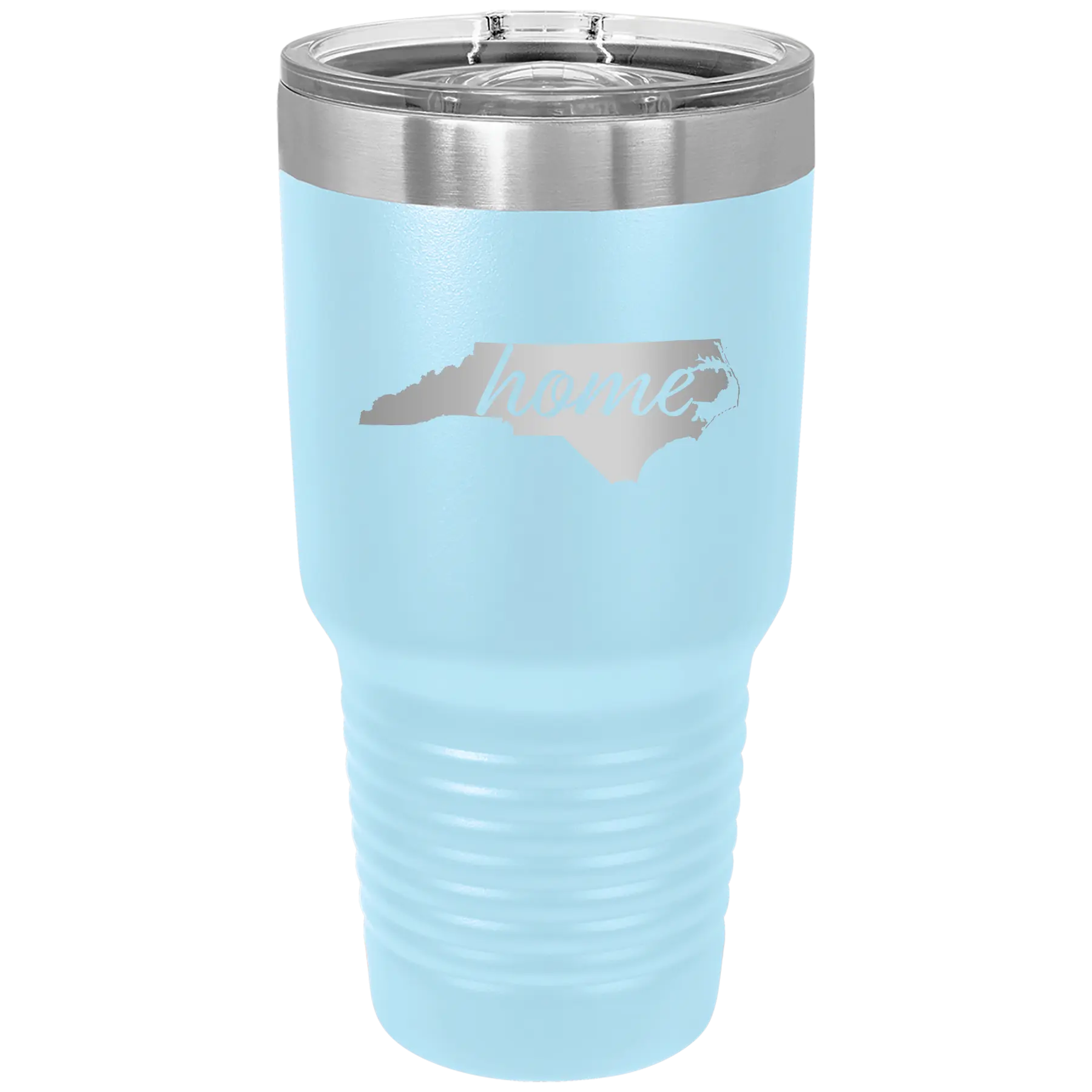 Laser etched light blue 30 oz vacuum insulated tumbler with 'North Carolina Home' design