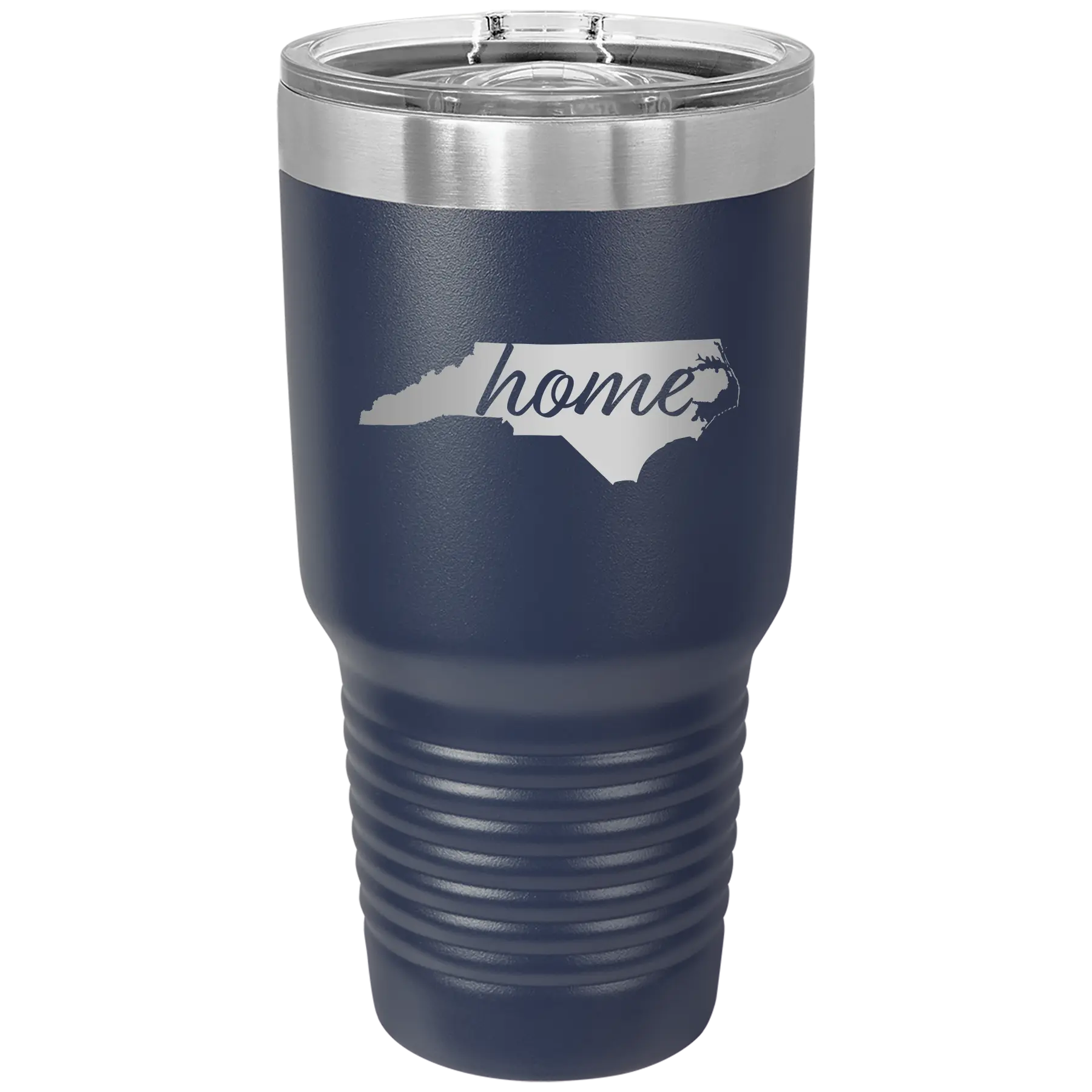 Laser etched navy 30 oz vacuum insulated tumbler with 'North Carolina Home' design