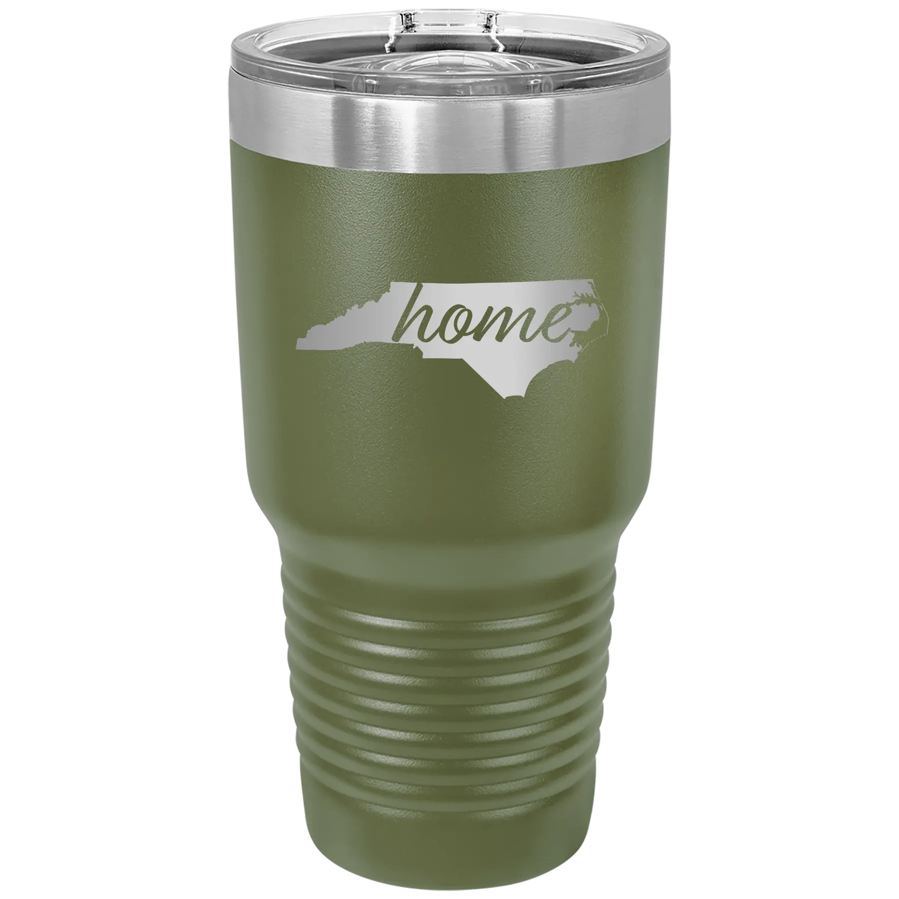 Laser etched olive green 30 oz vacuum insulated tumbler with 'North Carolina Home' design