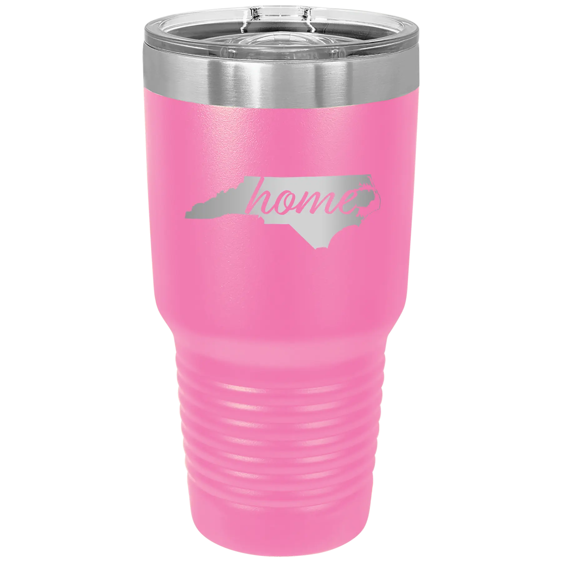 Laser etched pink 30 oz vacuum insulated tumbler with 'North Carolina Home' design