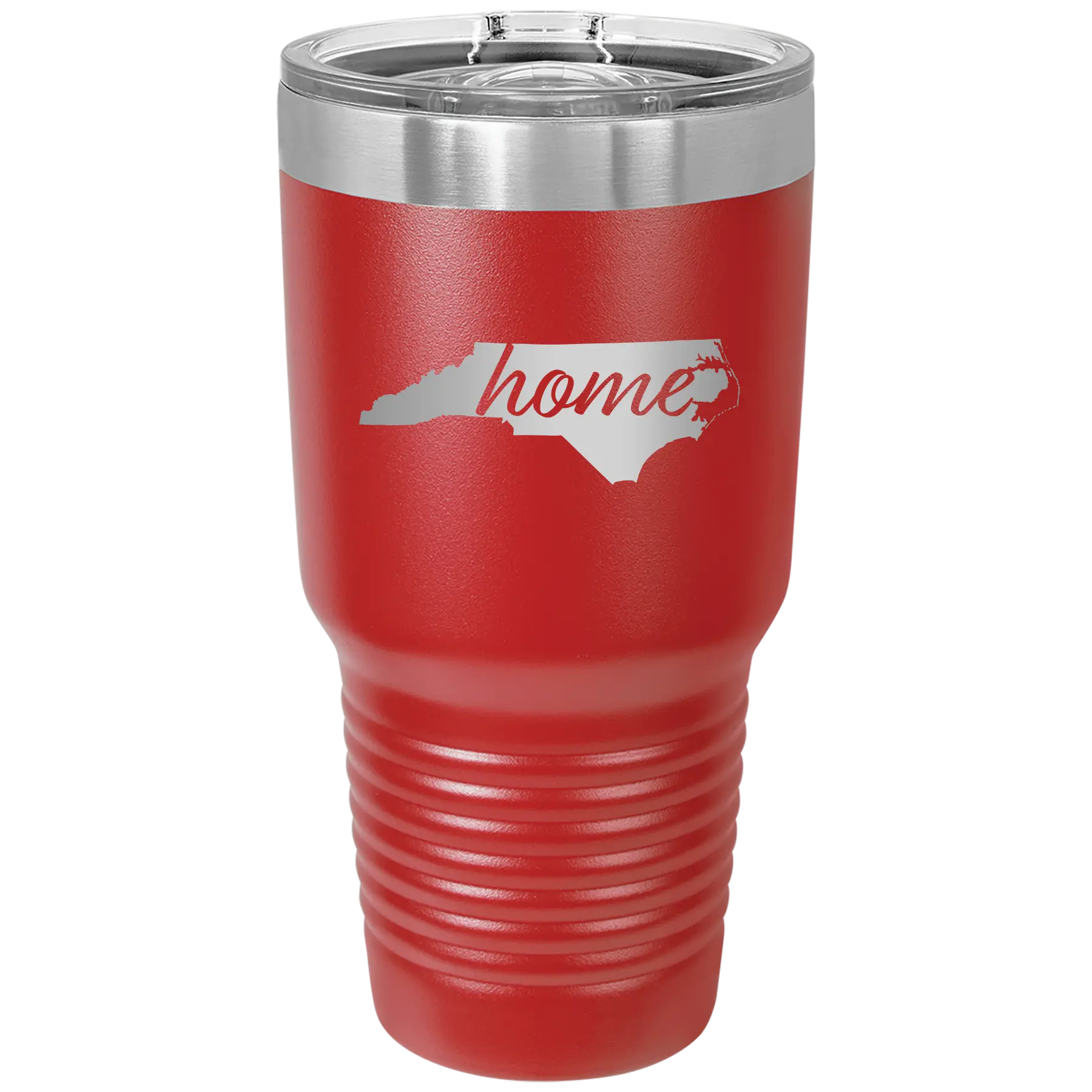 Laser etched red 30 oz vacuum insulated tumbler with 'North Carolina Home' design