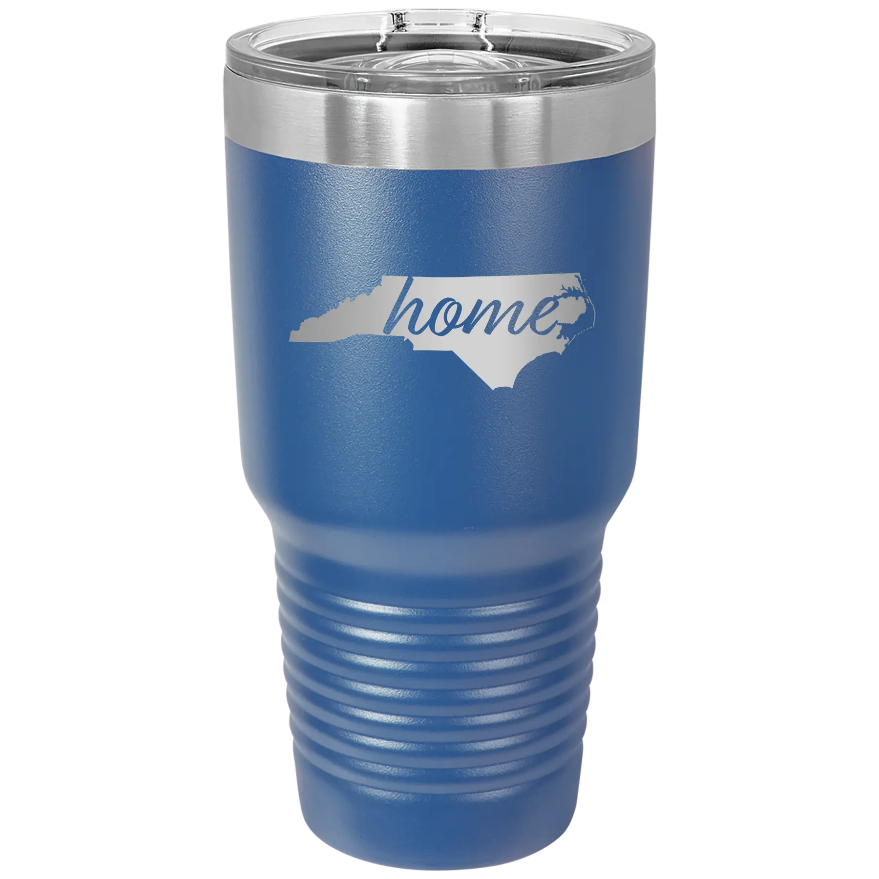 Laser etched royal blue 30 oz vacuum insulated tumbler with 'North Carolina Home' design