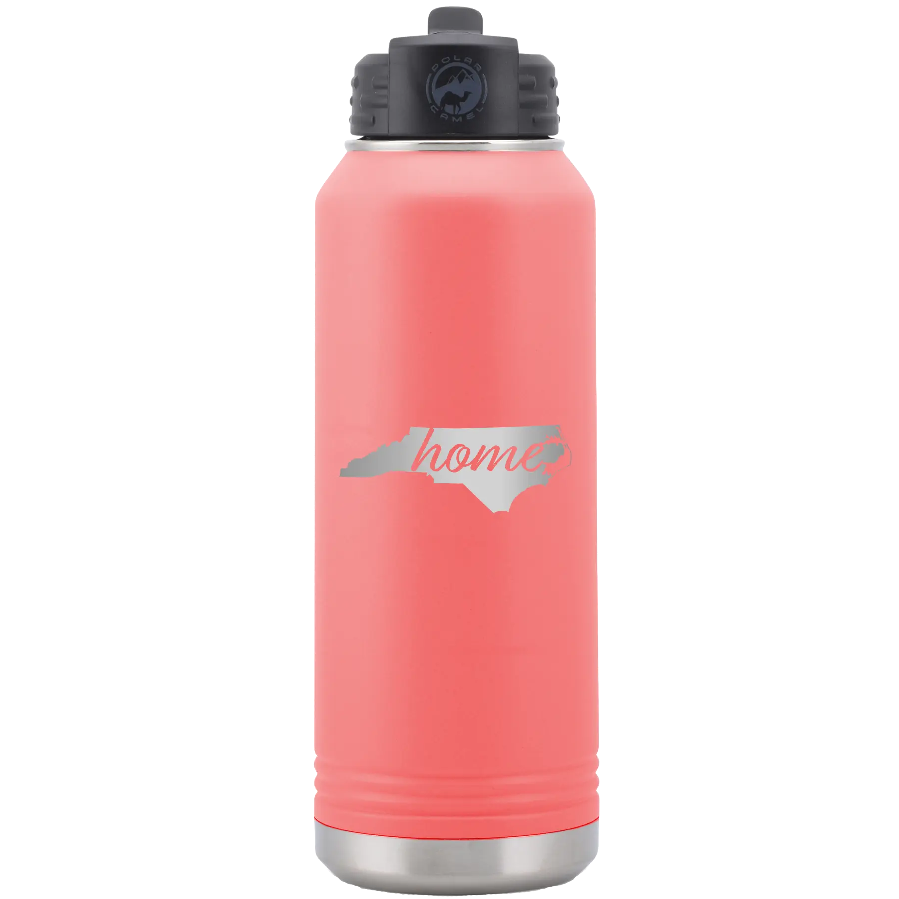 Laser etched coral 32 oz vacuum insulated water bottle with 'North Carolina Home' design