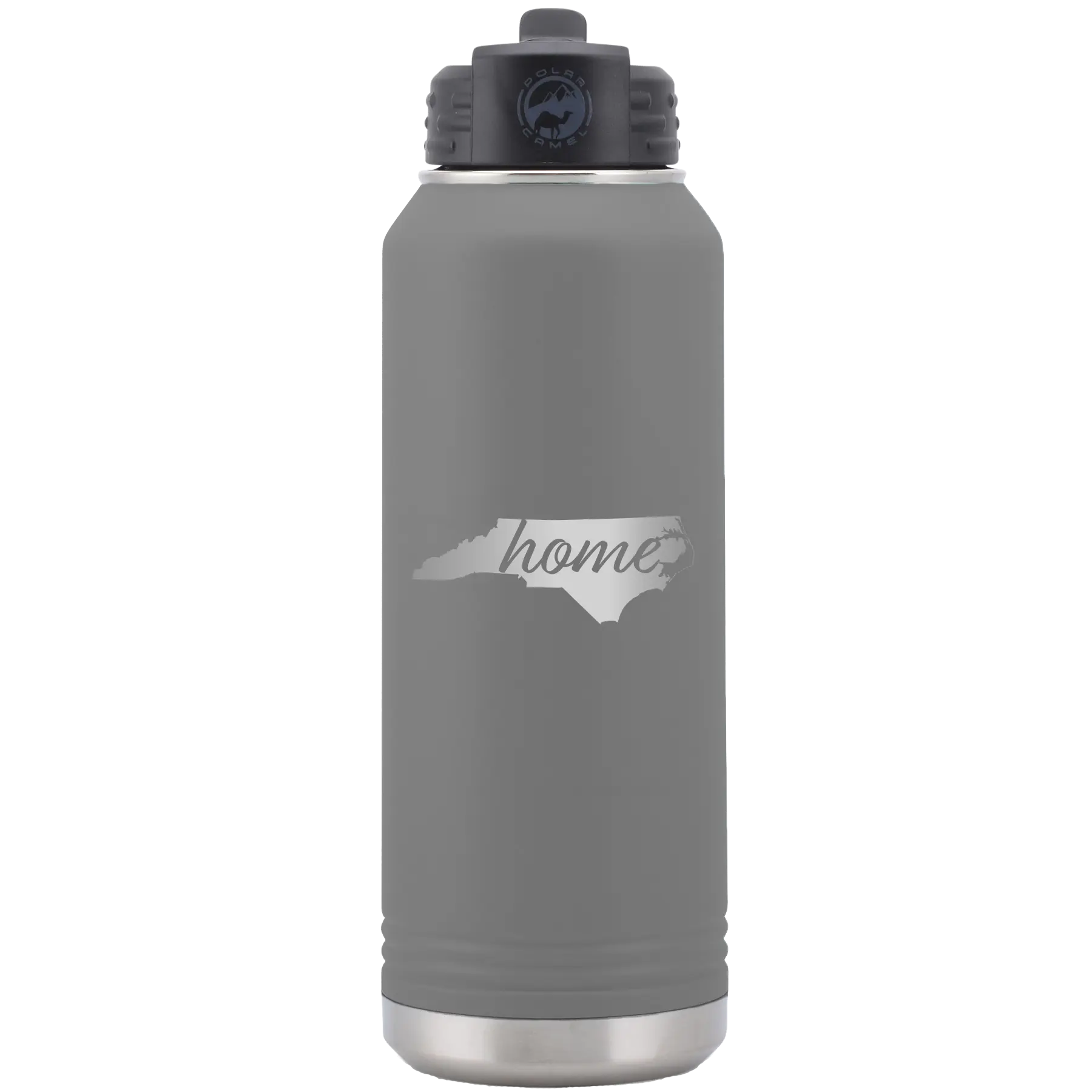 Laser etched dark gray 32 oz vacuum insulated water bottle with 'North Carolina Home' design