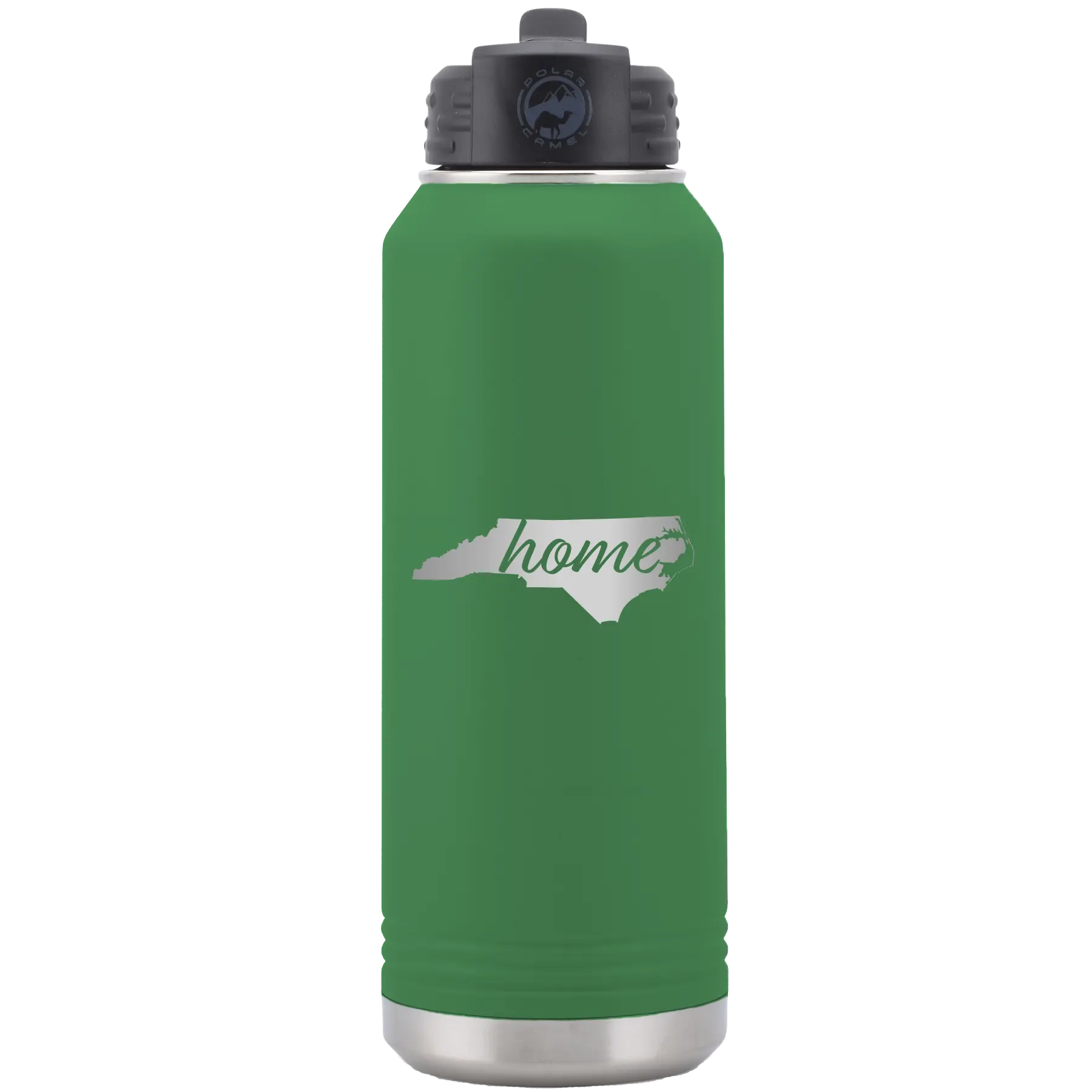Laser etched green 32 oz vacuum insulated water bottle with 'North Carolina Home' design