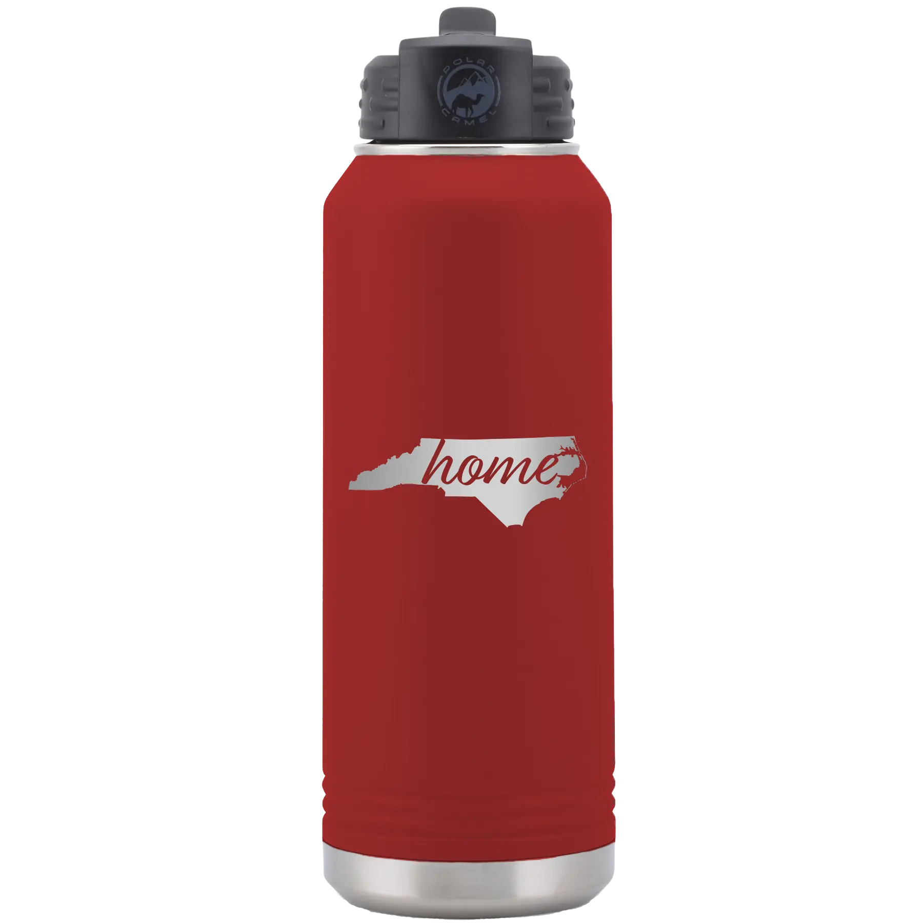 Laser etched maroon 32 oz vacuum insulated water bottle with 'North Carolina Home' design