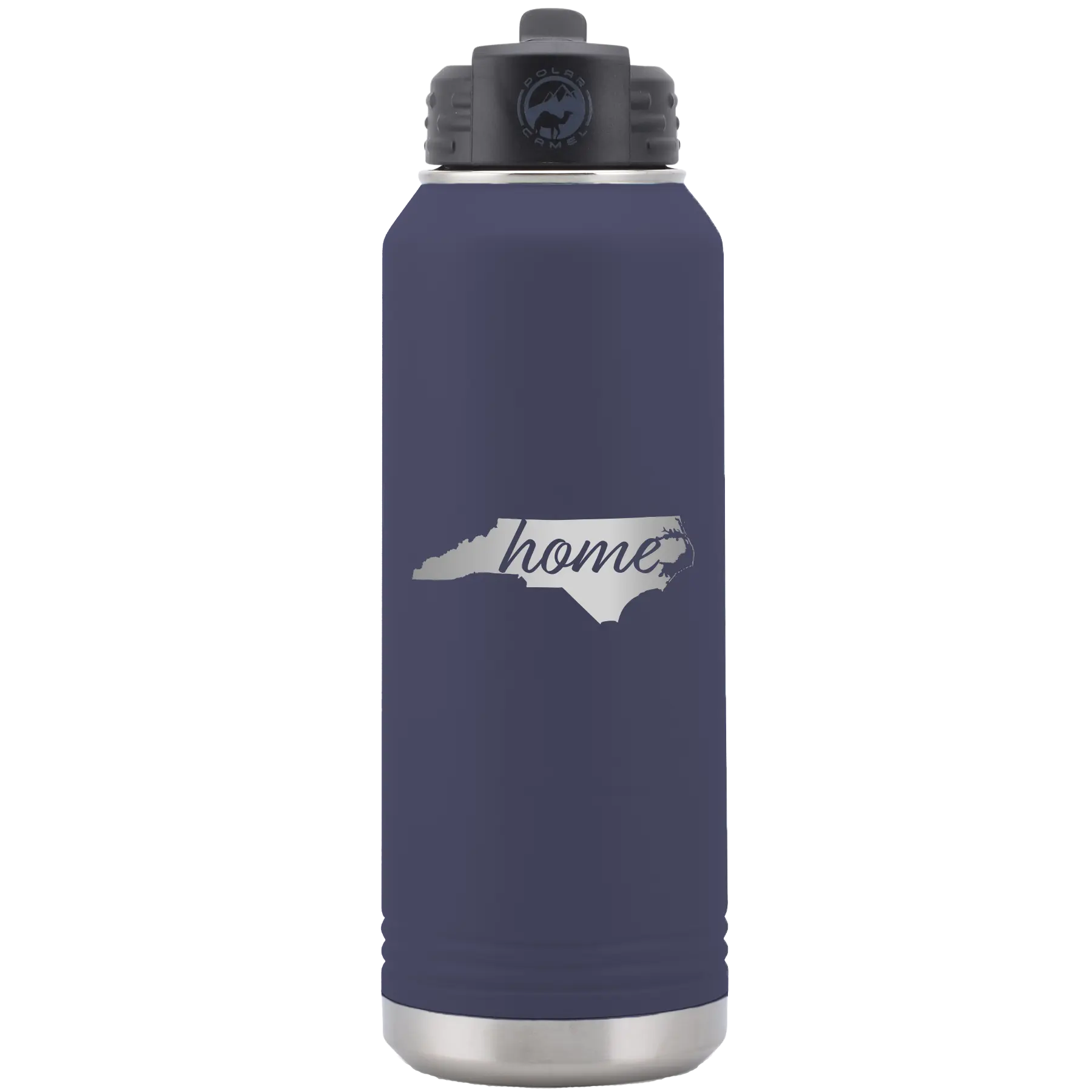 Laser etched navy 32 oz vacuum insulated water bottle with 'North Carolina Home' design
