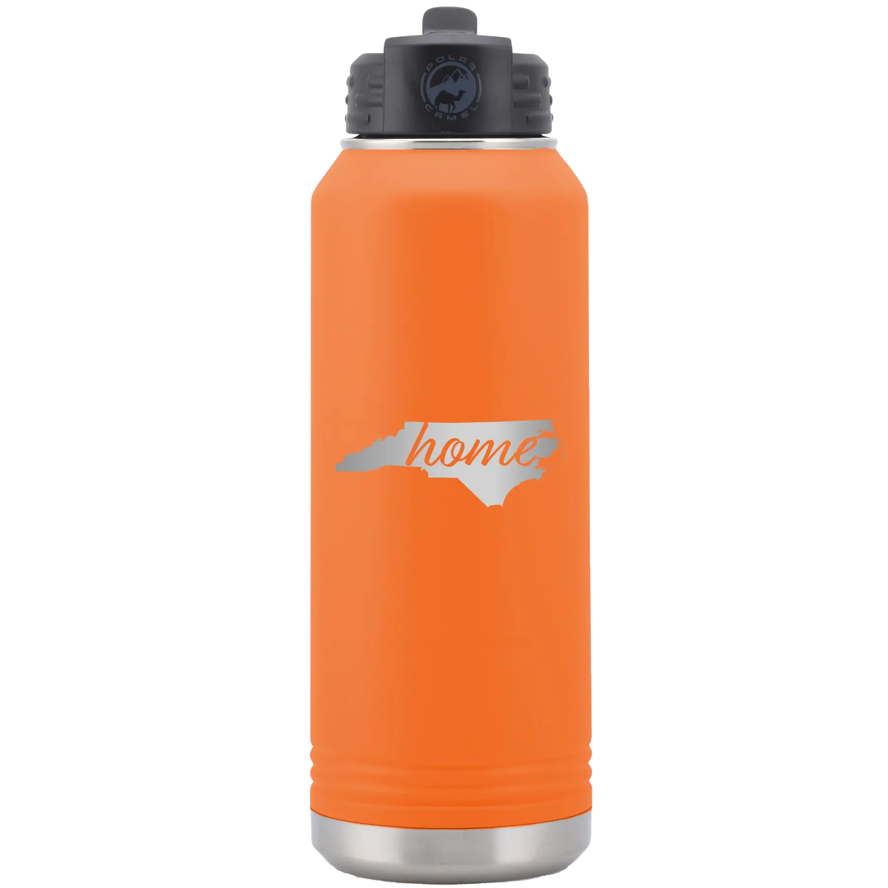 Laser etched orange 32 oz vacuum insulated water bottle with 'North Carolina Home' design