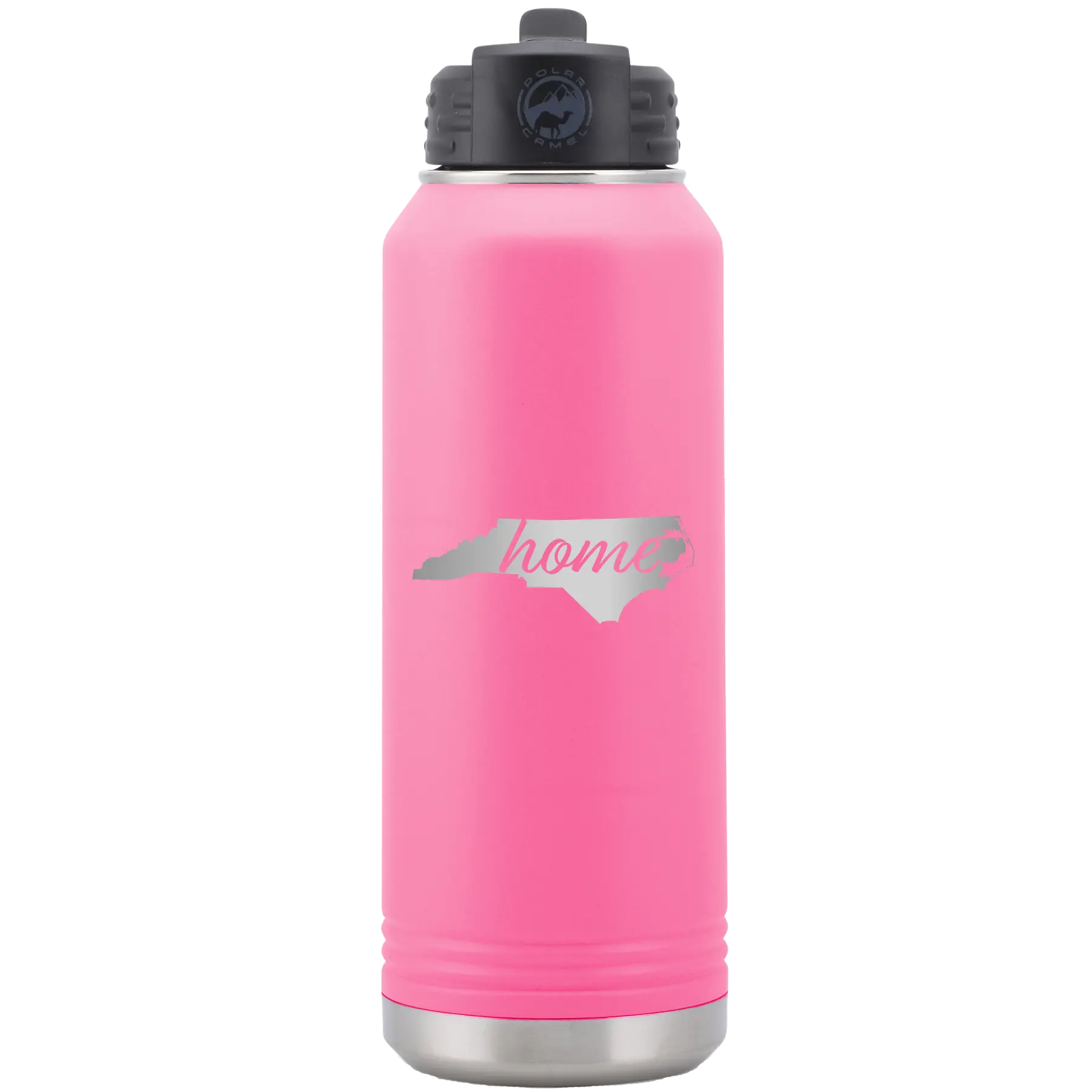 Laser etched pink 32 oz vacuum insulated water bottle with 'North Carolina Home' design