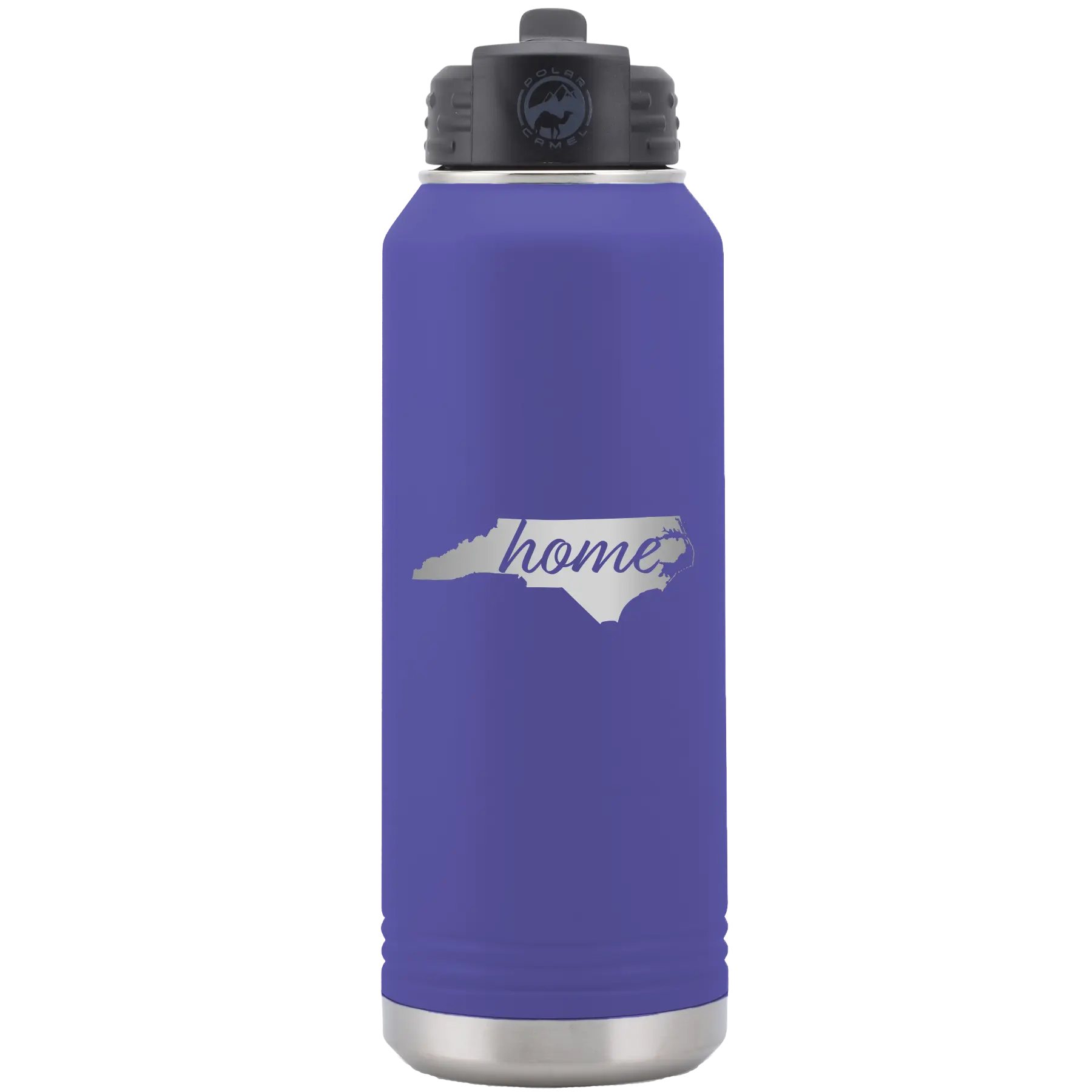 Laser etched purple 32 oz vacuum insulated water bottle with 'North Carolina Home' design