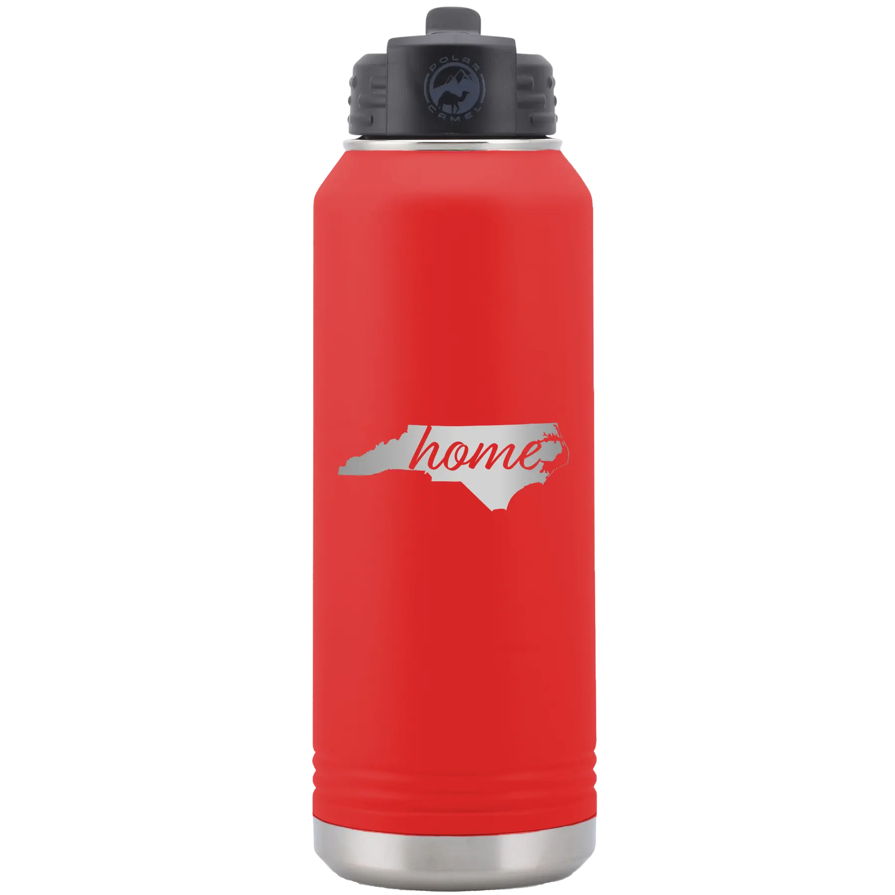 Laser etched red 32 oz vacuum insulated water bottle with 'North Carolina Home' design