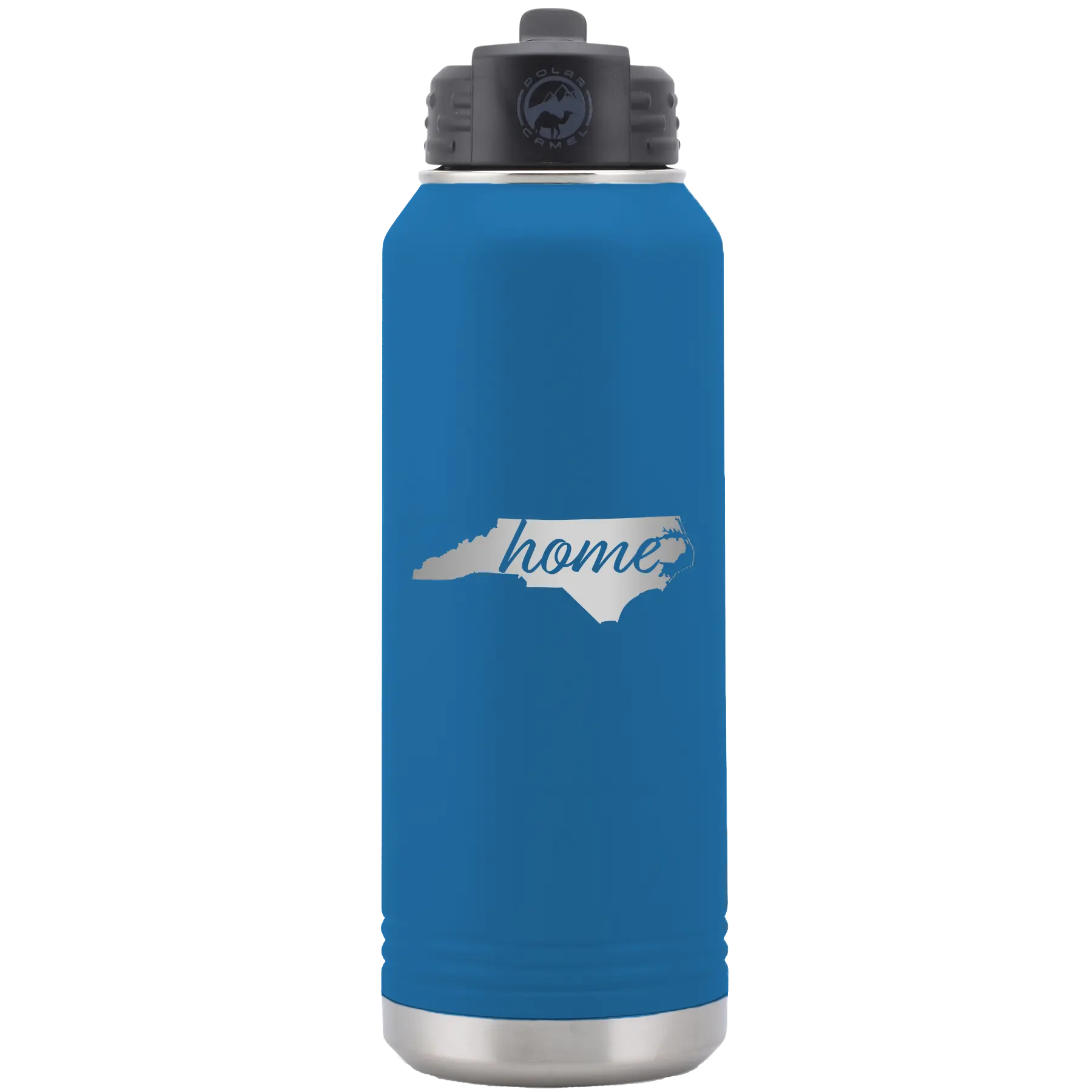 Laser etched royal blue 32 oz vacuum insulated water bottle with 'North Carolina Home' design