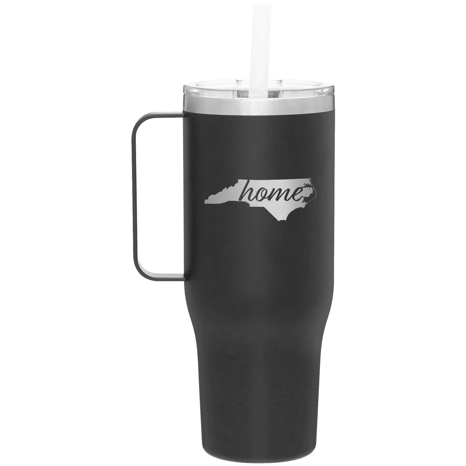 Laser etched black 40 oz vacuum insulated tumbler mug with 'North Carolina Home' design