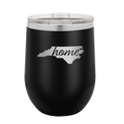 Laser etched black 12 oz vacuum insulated wine cup with 'North Carolina Home' design